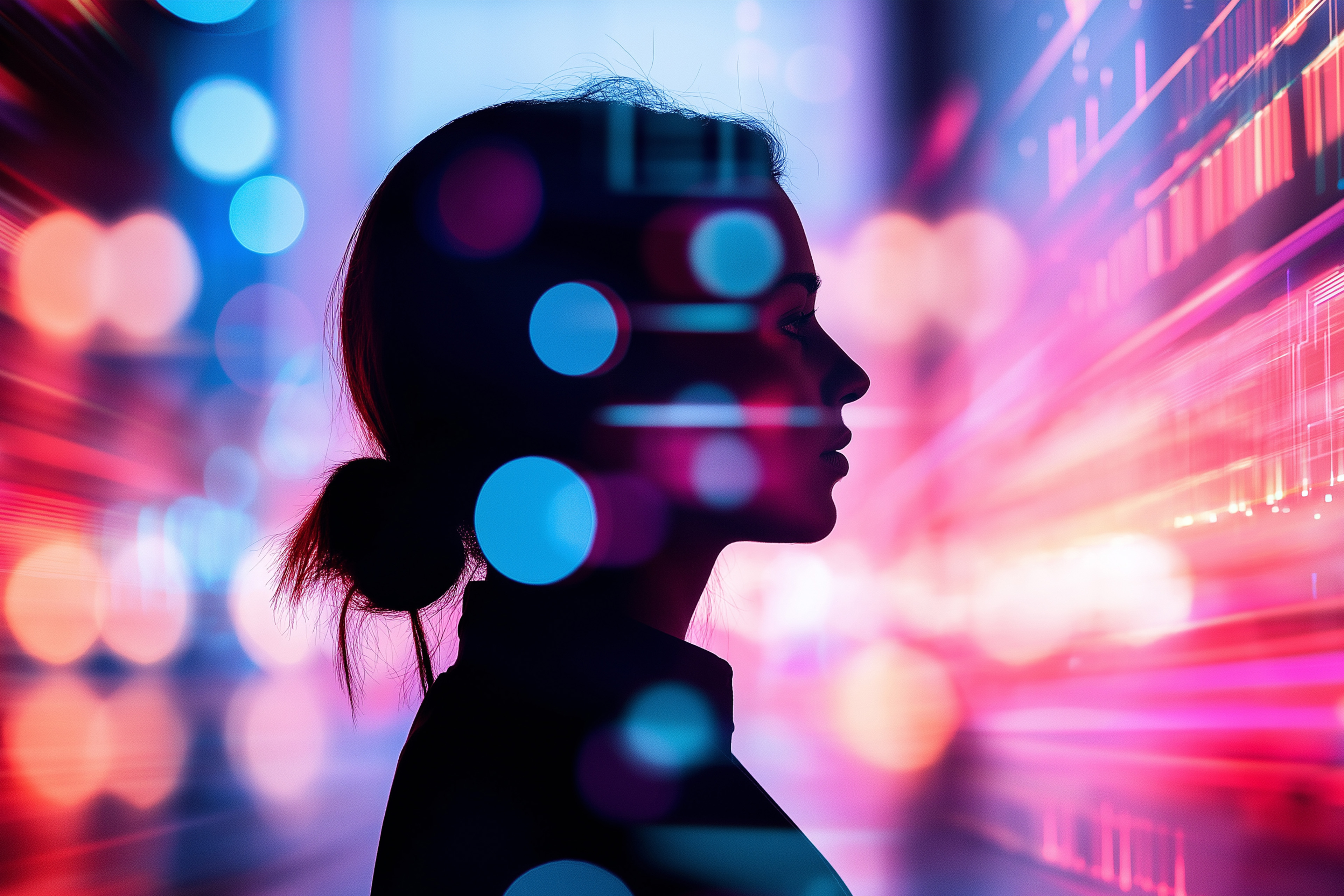Image of silhouette of a person with a bun hairstyle set against a vibrant, abstract background of colorful lights and digital patterns.