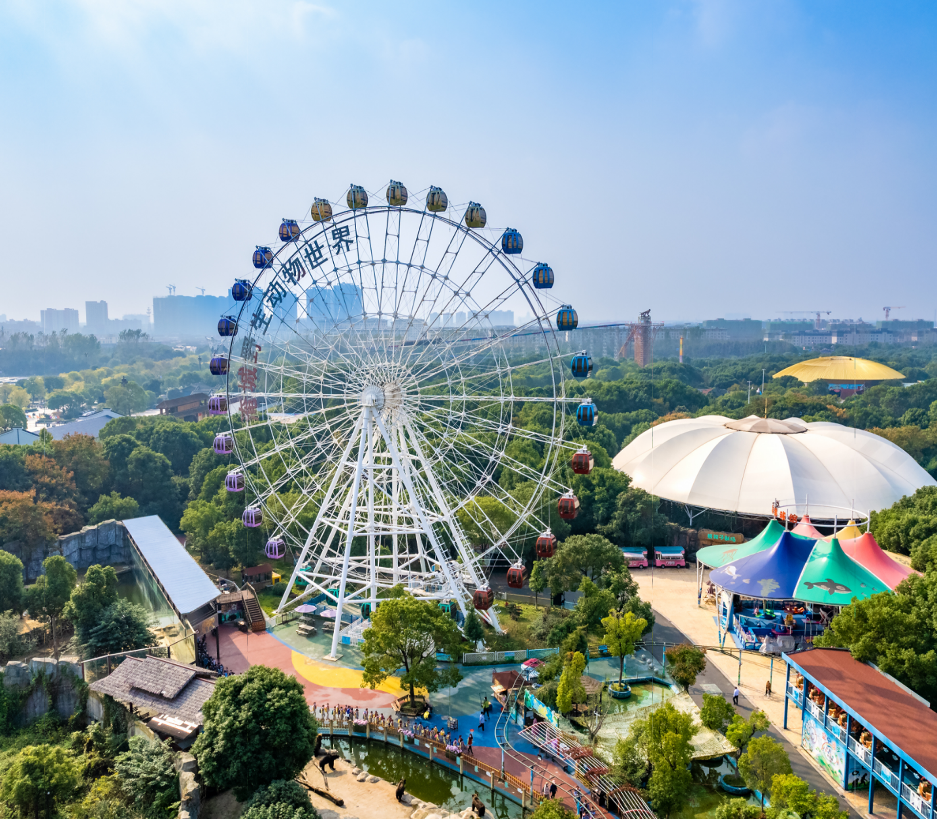Sky view of an amusement park with a ferris wheel in the foreground