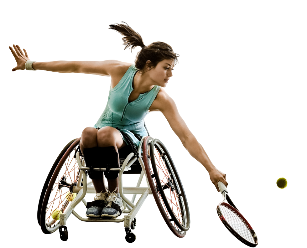 Professional wheelchair tennis player hitting tennis ball on court
