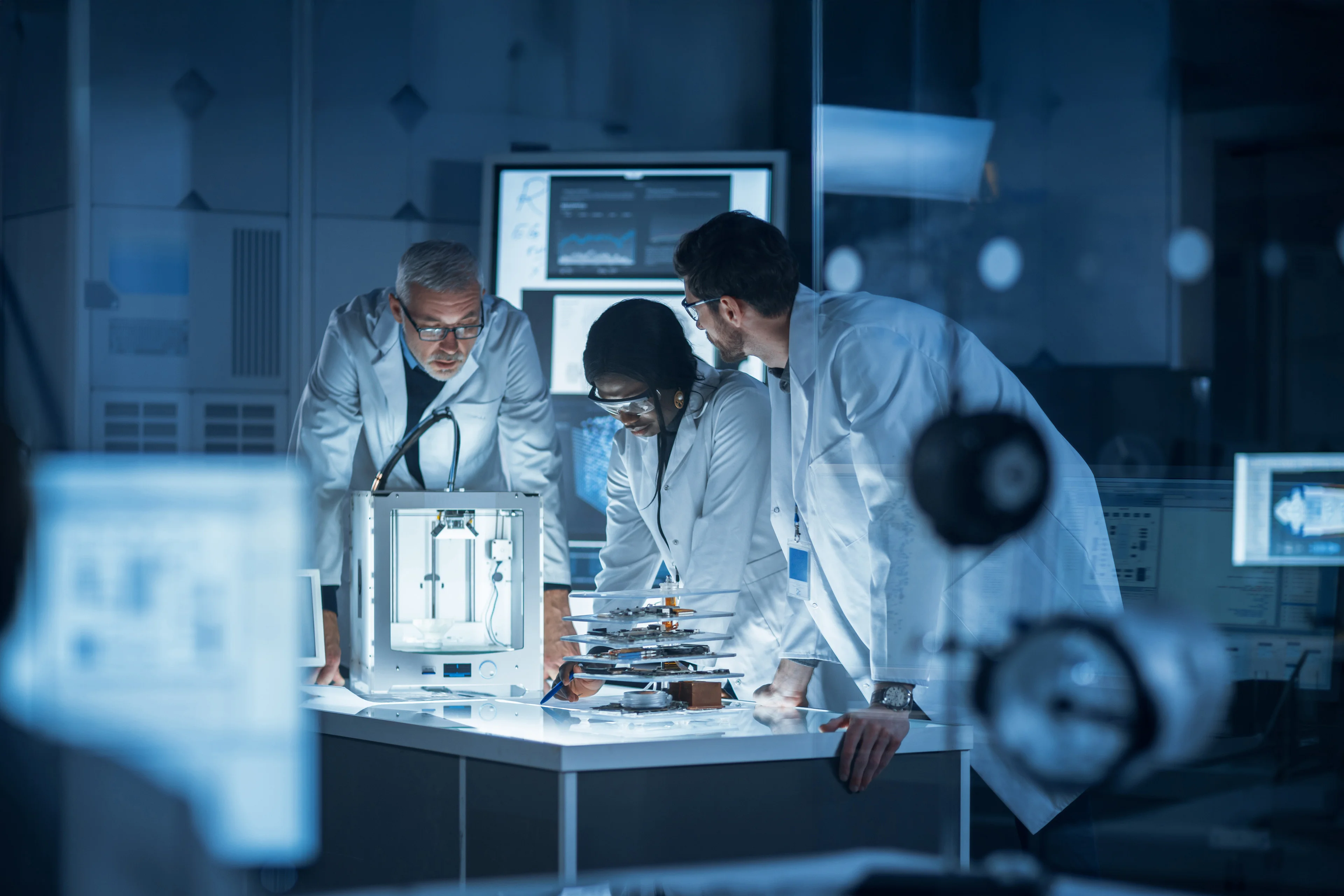An image of three medical professionals inside a darkly lit laboratory surrounded by multiple types of medical devices