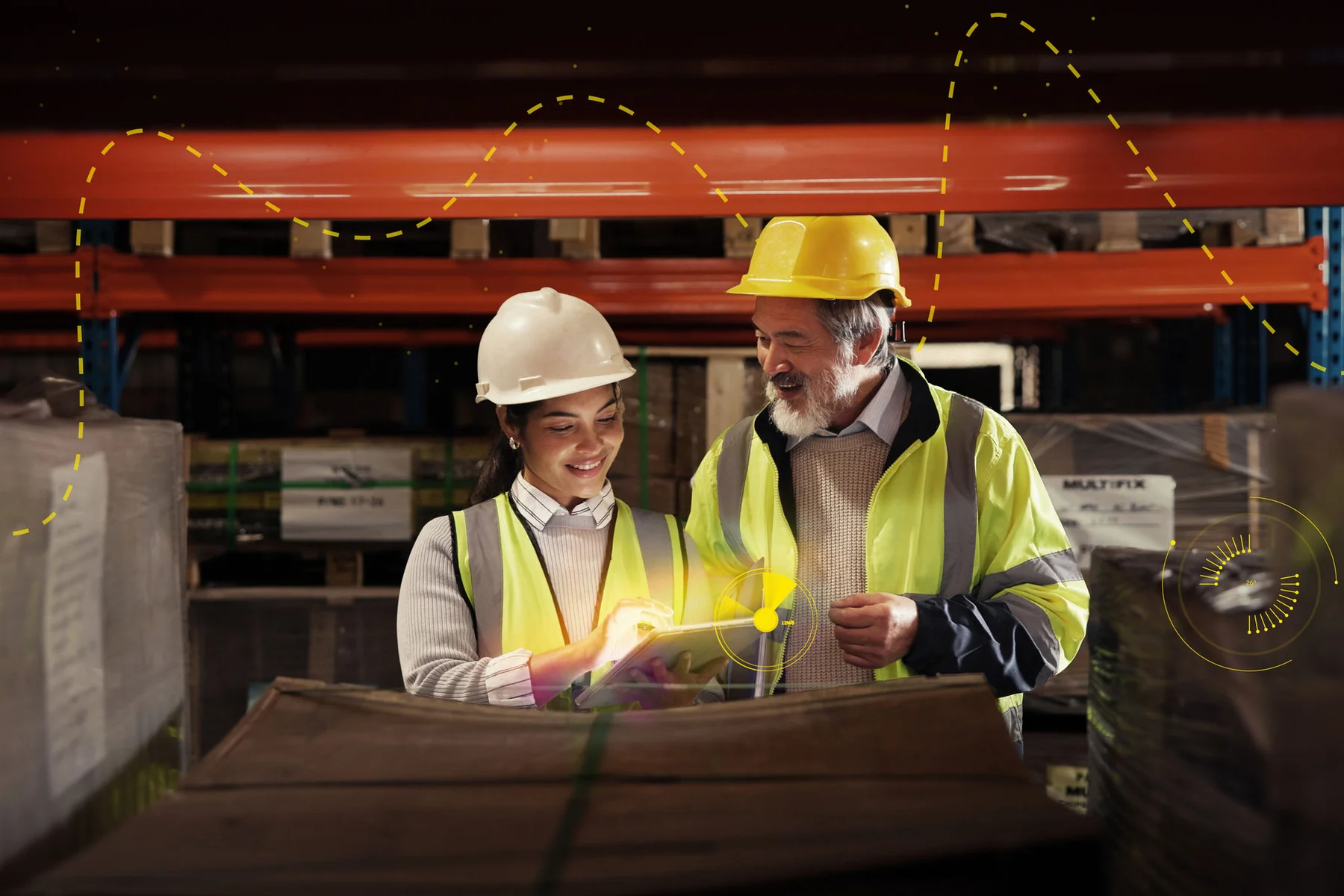 Image of logistics team looking at a digital tablet together in a warehouse
