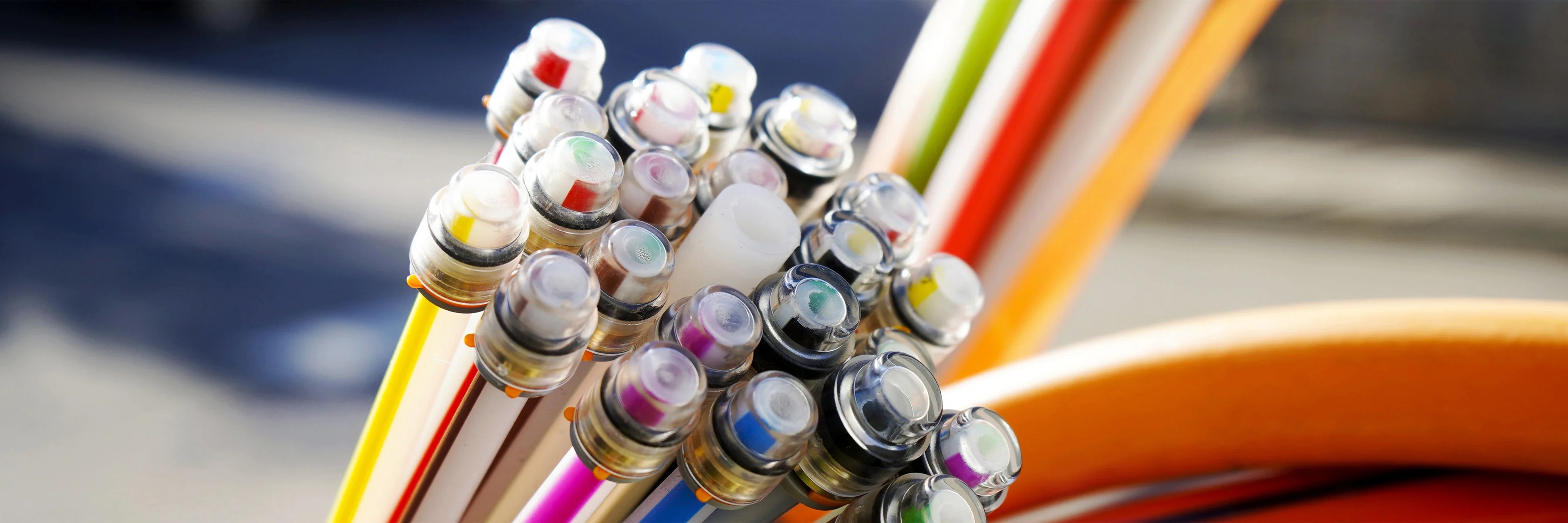 Close-up image of high speed broadband glass fiber internet cables bundered together