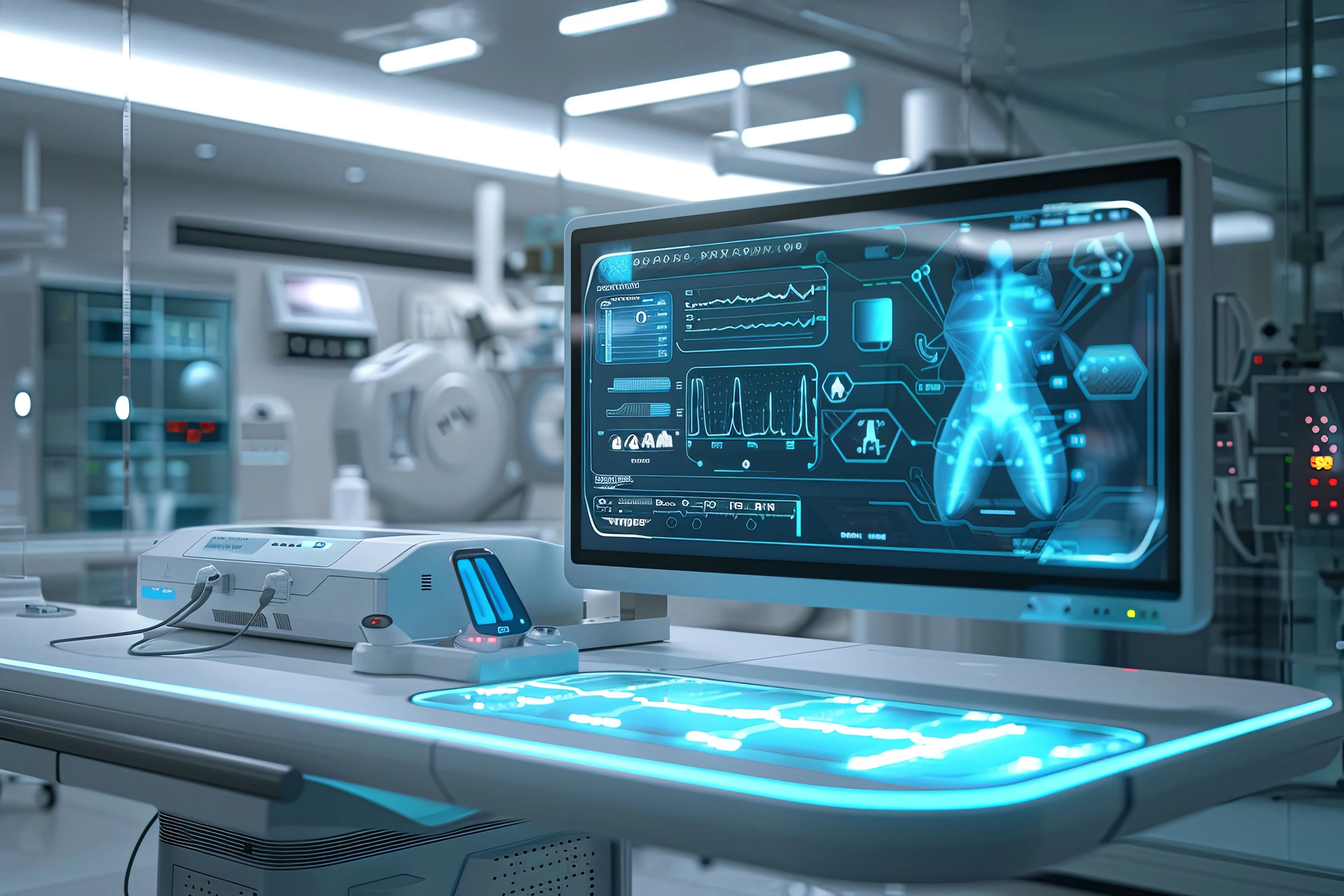 Image of a futuristic medical lab with AI powered equipment
