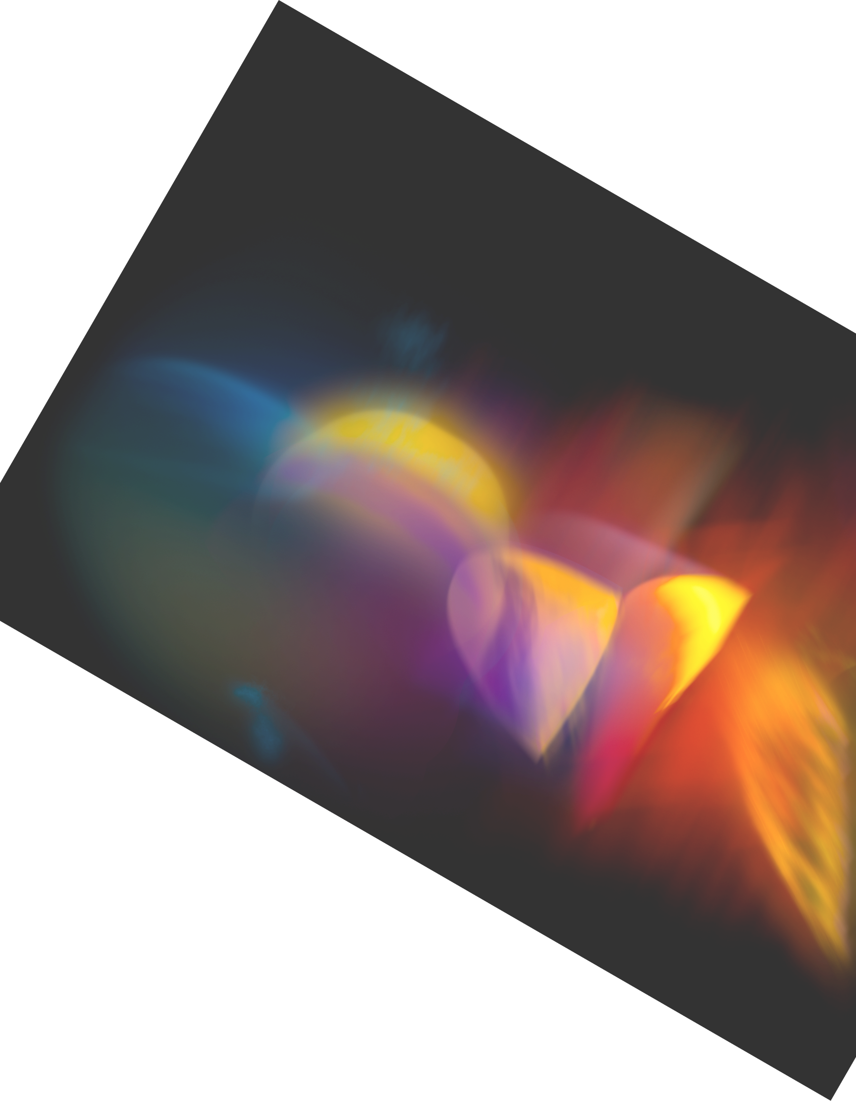 Colorful spectrum of light in blues, oranges, greens and soft reds across a dark background