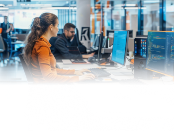 Image of a young female professional working at a computer in an office setting