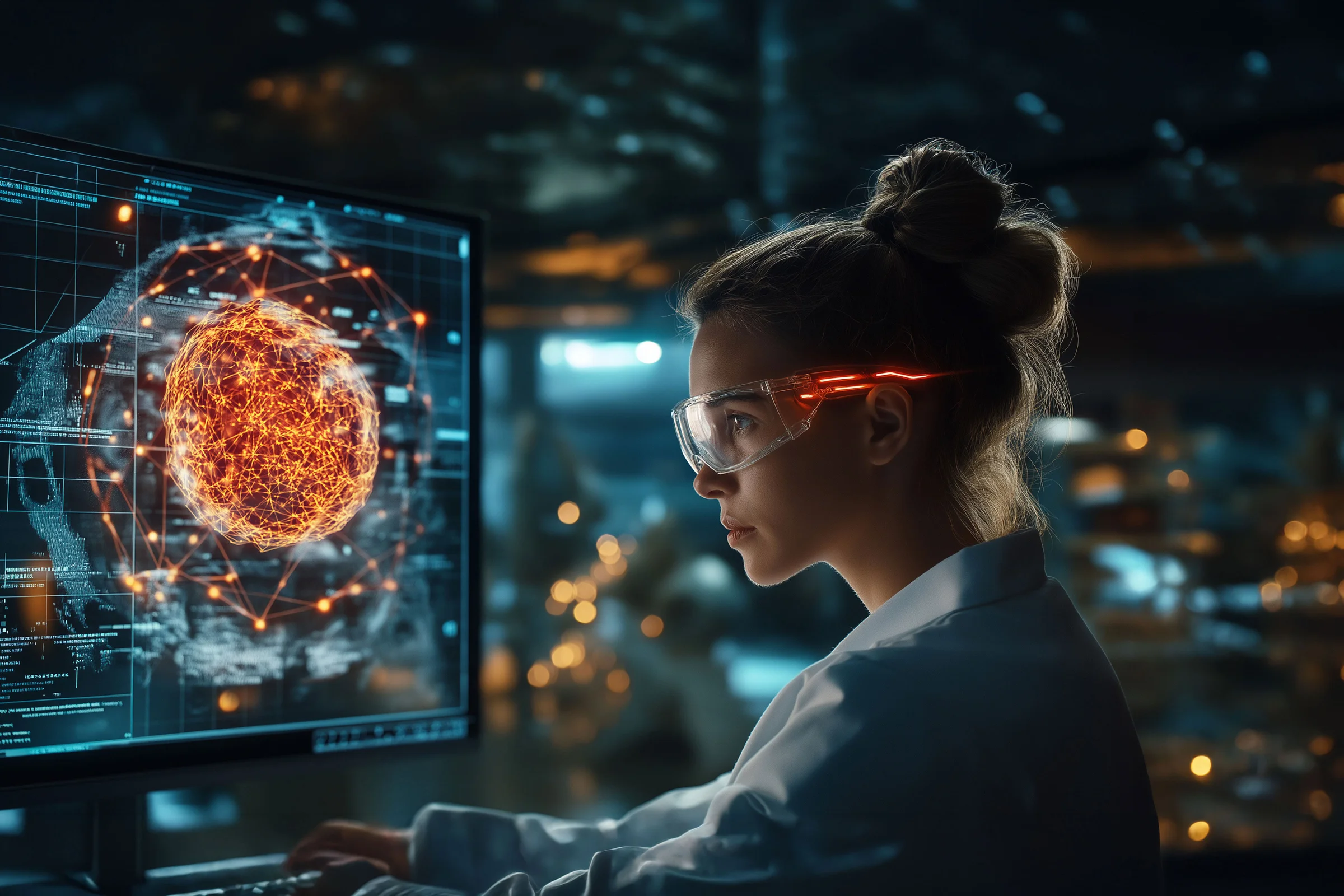 people in lab uniforms working behind machines with microscopes