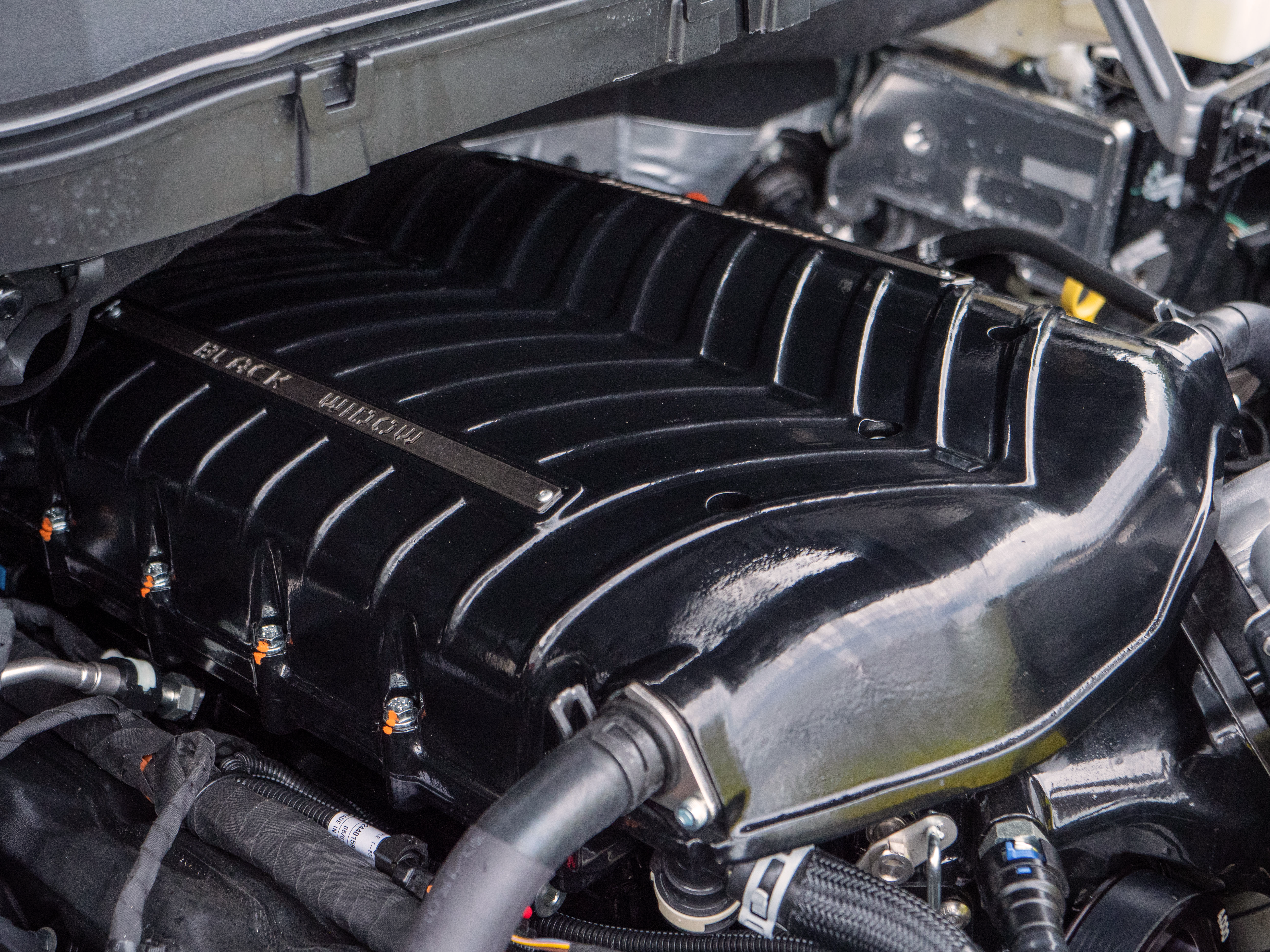 whipple supercharger installed in the engine bay of a black widow f150 lowered truck