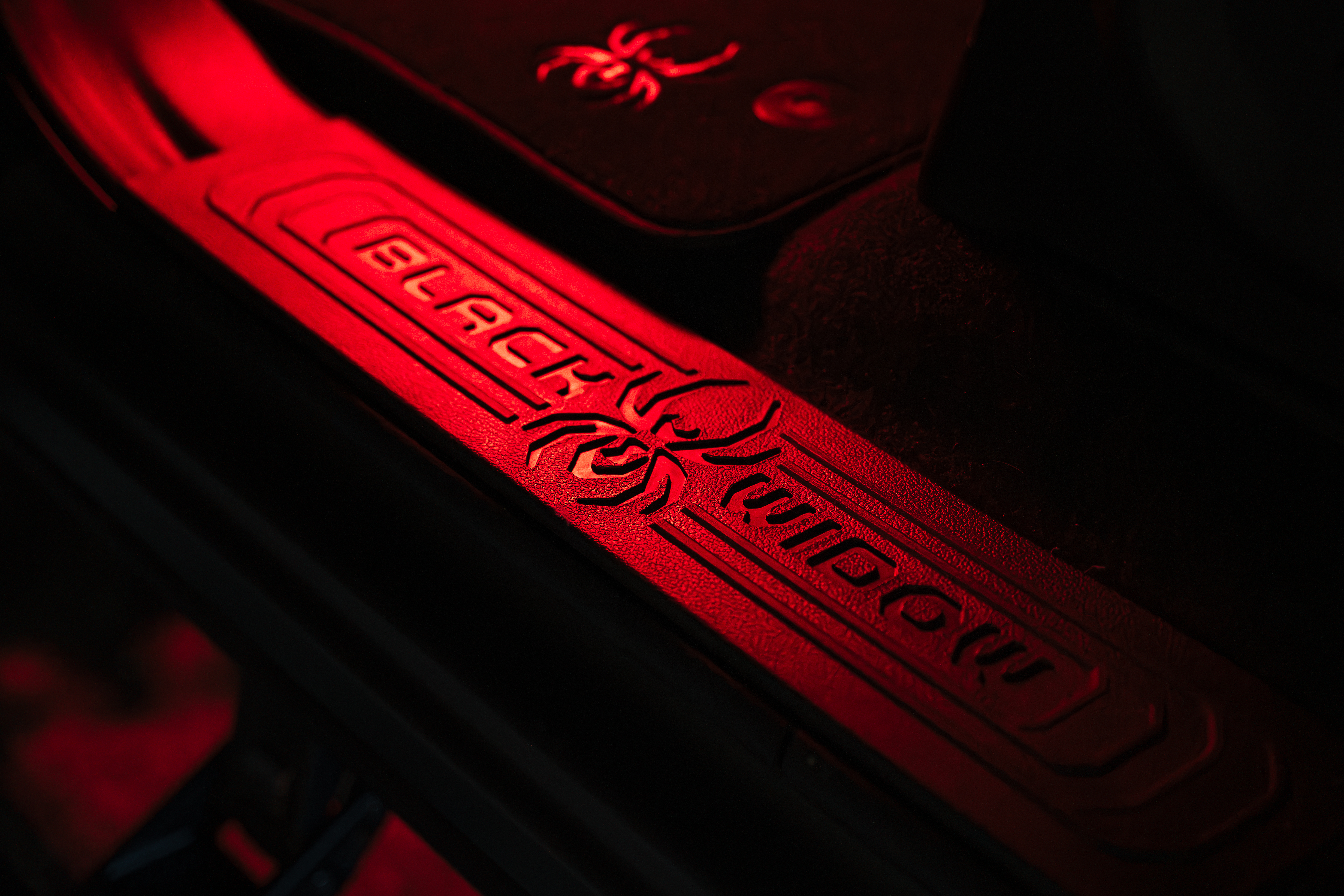 Red LED Interior Lighting package of a Black Widow truck with spyder logo embossed door sill and embroidered floor mats
