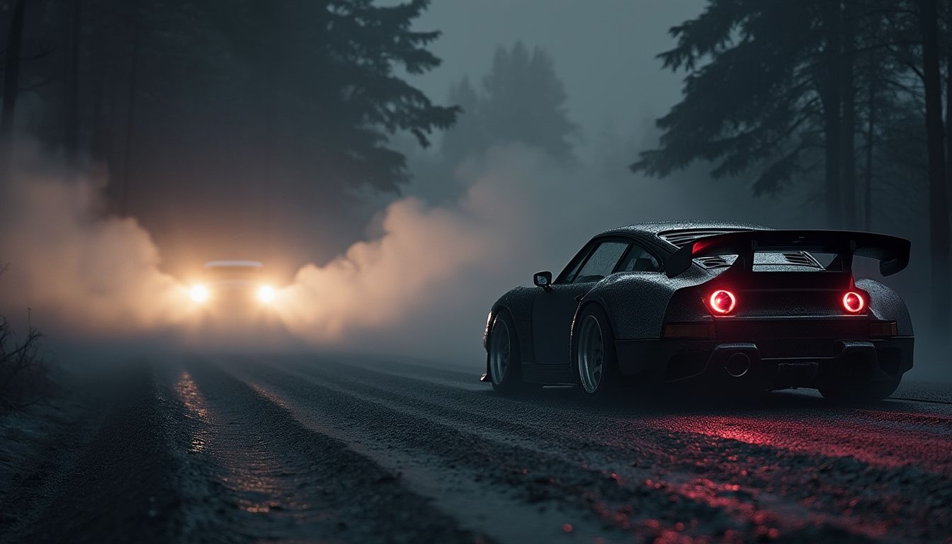 black widow truck in shadows shining headlights at a sports car with break lights illumiated