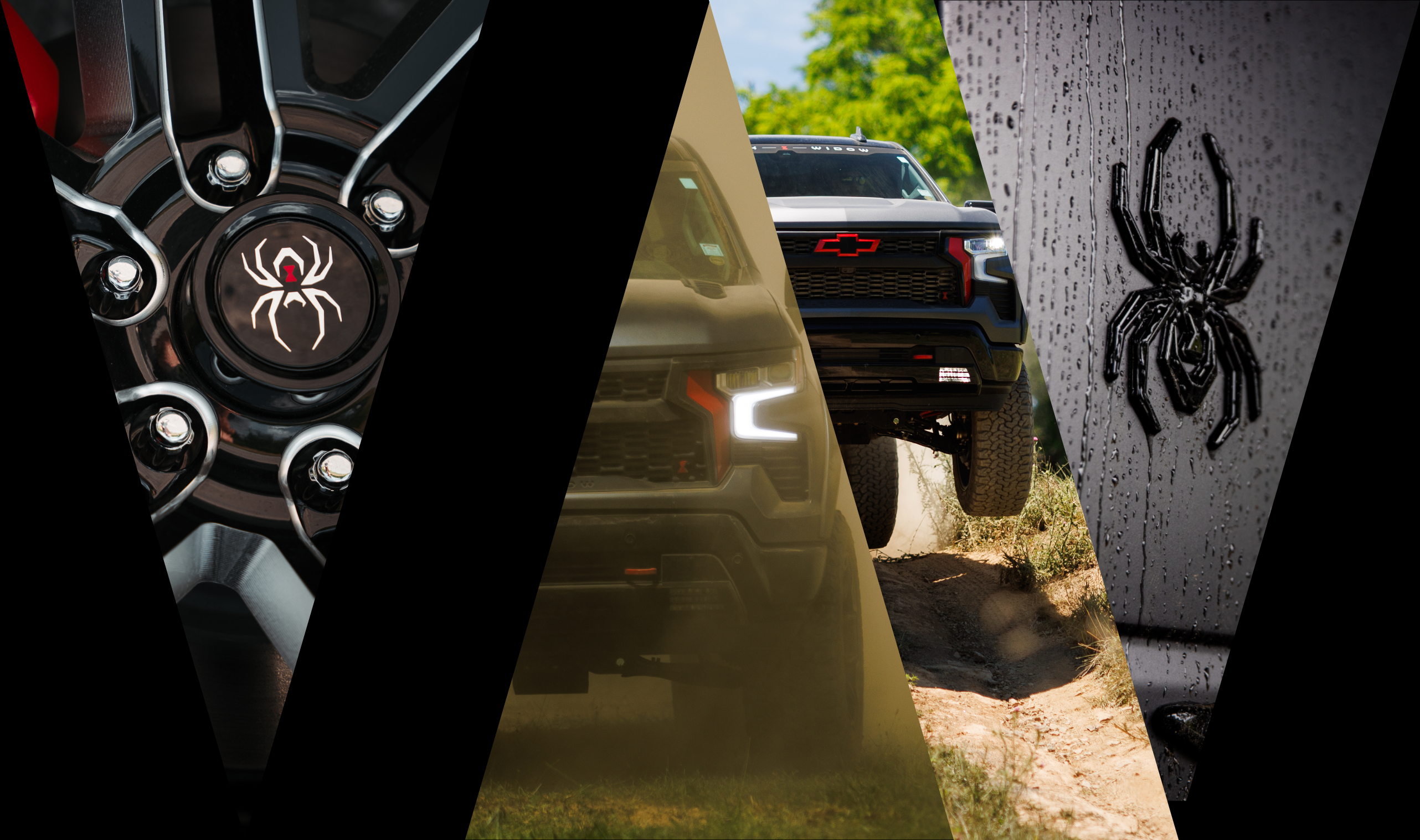 Exterior details of Black Widow Trucks - black widow spider badging, custom black widow wheels, and red chevrolet accent badging