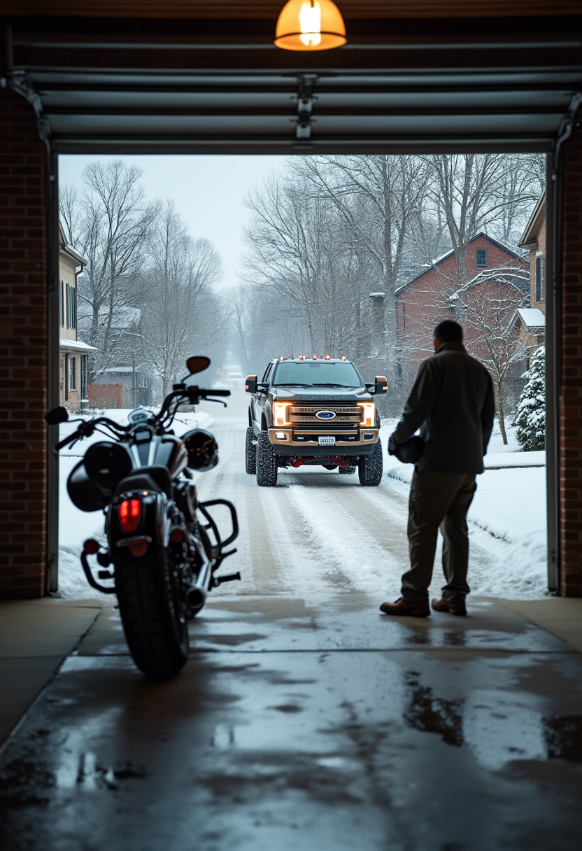 A man stands next to his motorcycle, as a Harley-Davidson brand lifted truck drives through snow.