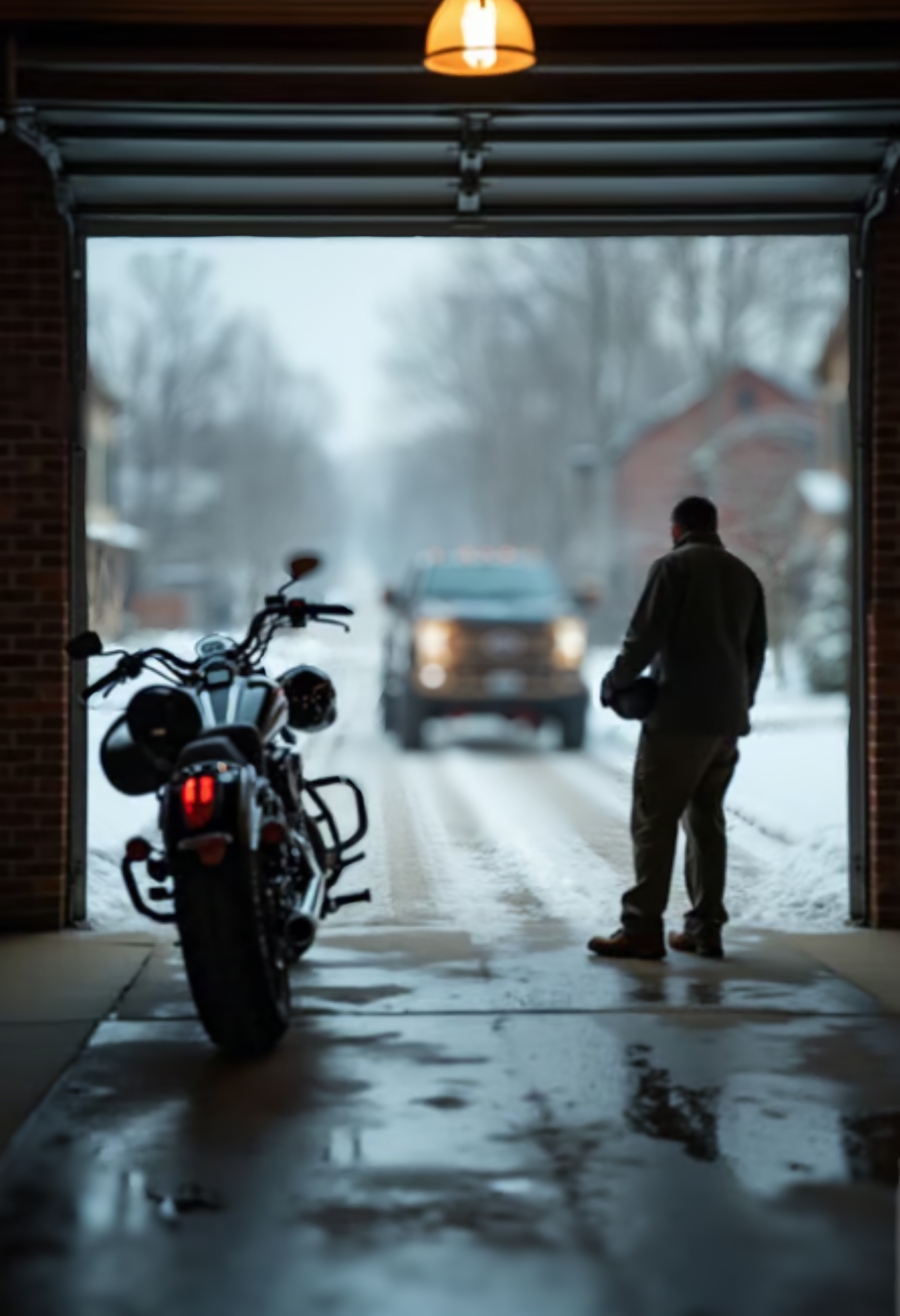 A man stands next to his motorcycle, as a Harley-Davidson brand lifted truck drives through snow.
