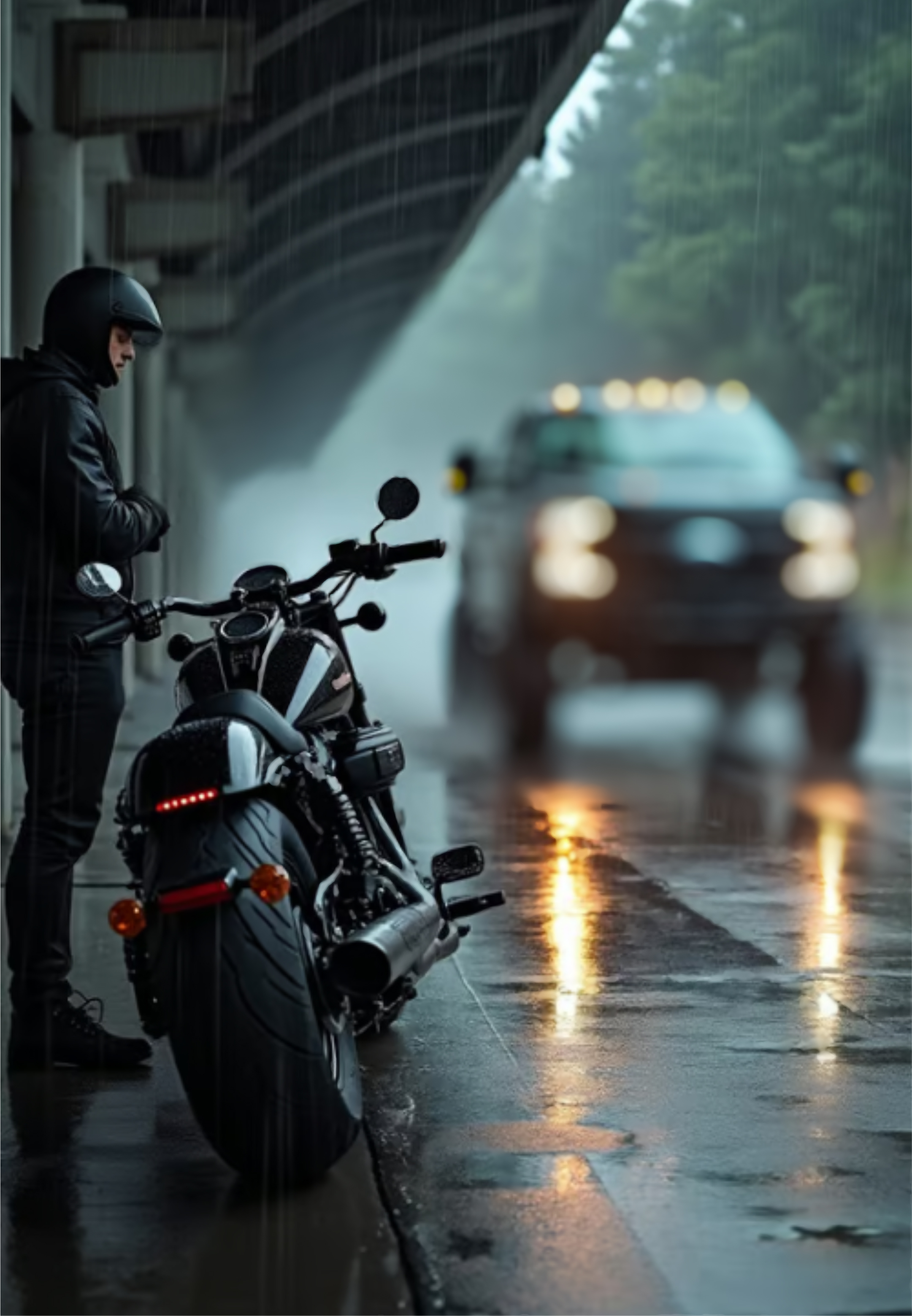 A man in black clothing stands under an overpass next to his motorcycle, as a Harley-Davidson brand lifted truck drives past.