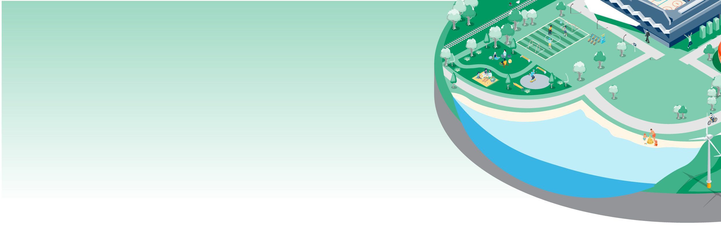 2D illustration of a park with people outside the Olympics Arena