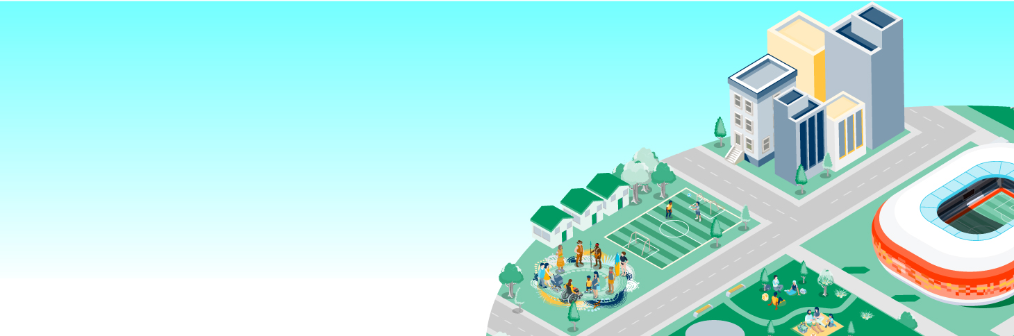 2D illustration of a the Brisbane 2032 Olympics venue with people and vehicles