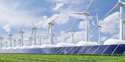 Solar Power Plant in modern city in sunset,Sustainable Renewable Energy