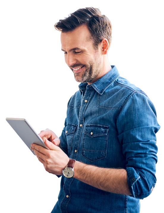 Man research's employee benefits  on his iPad