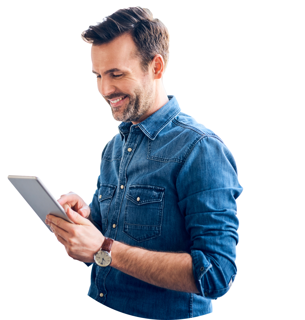 Man research's employee benefits  on his iPad