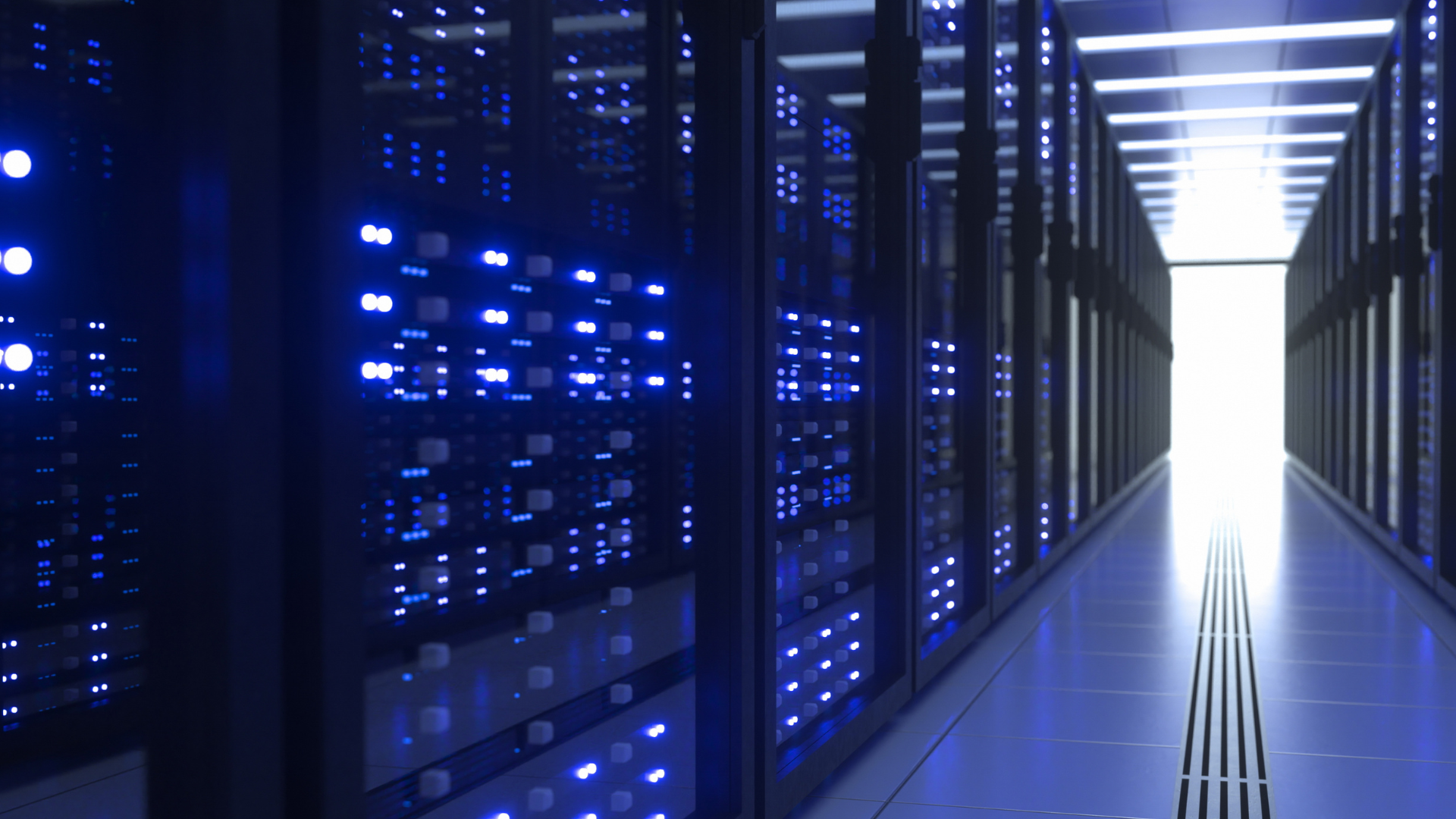 A background image of the interior of a data center and its server racks
