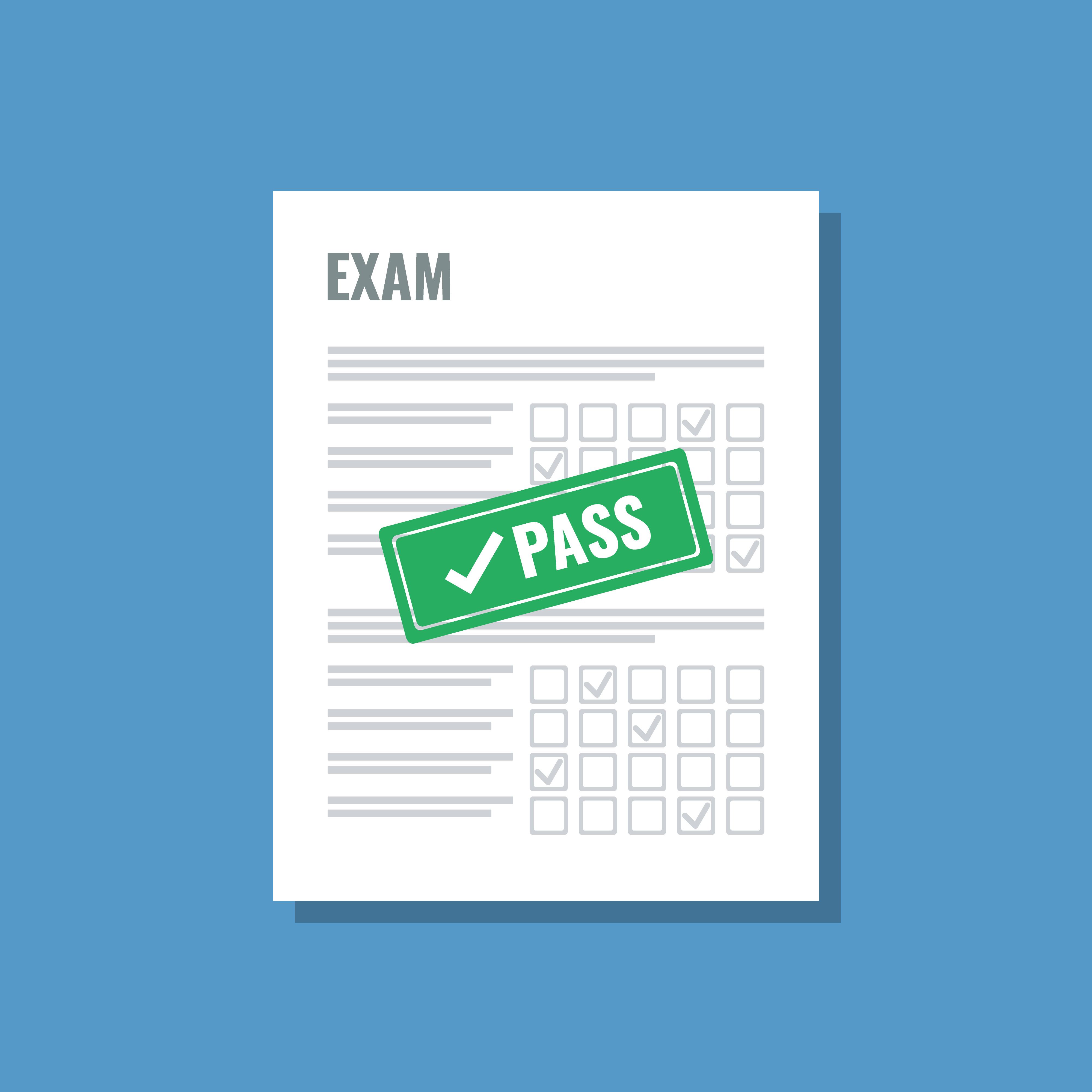 exam sheet with green pass stamp, flat vector illustration