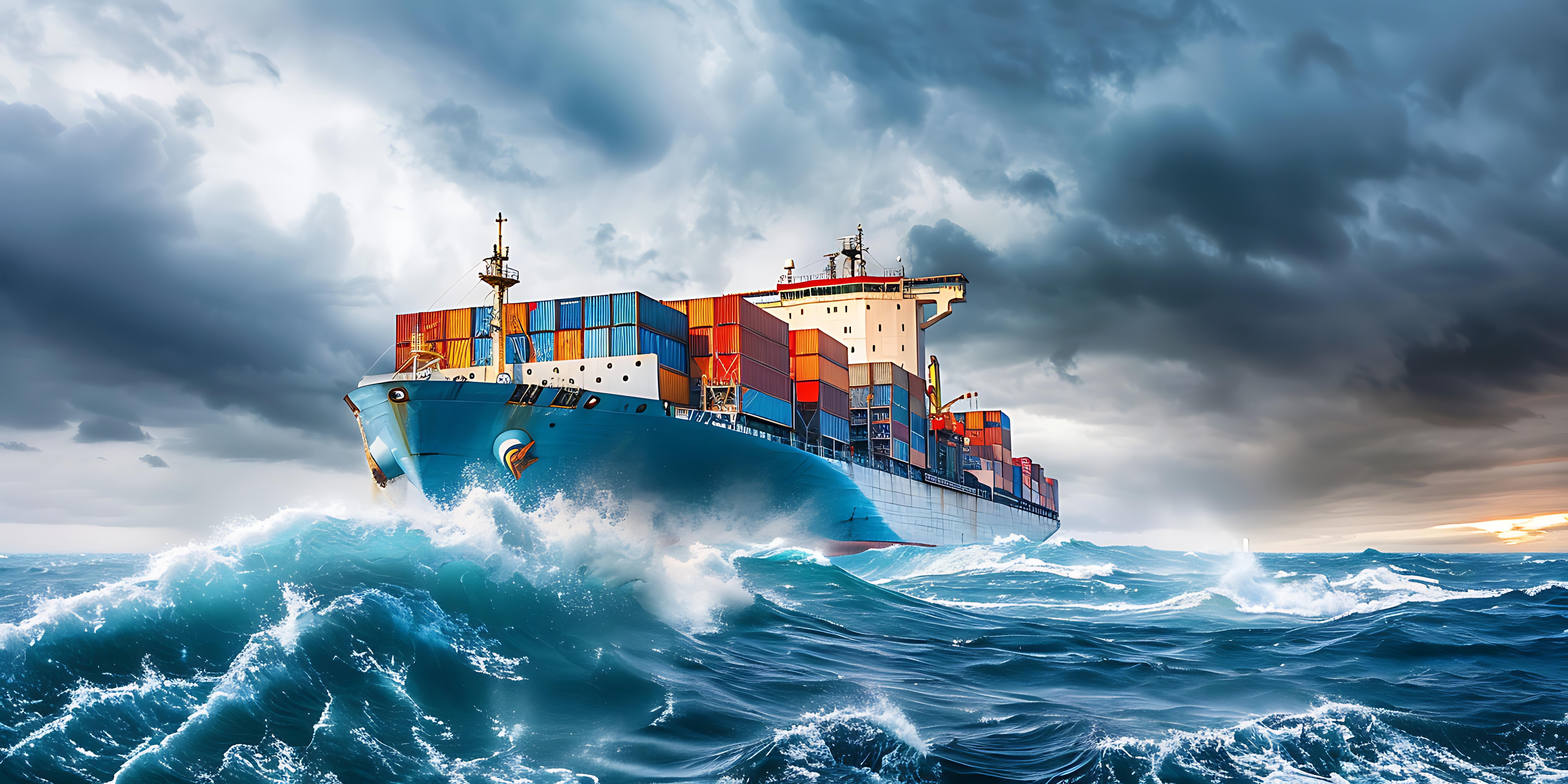 Container ship riding through stormy sea waves under a cloudy sky.