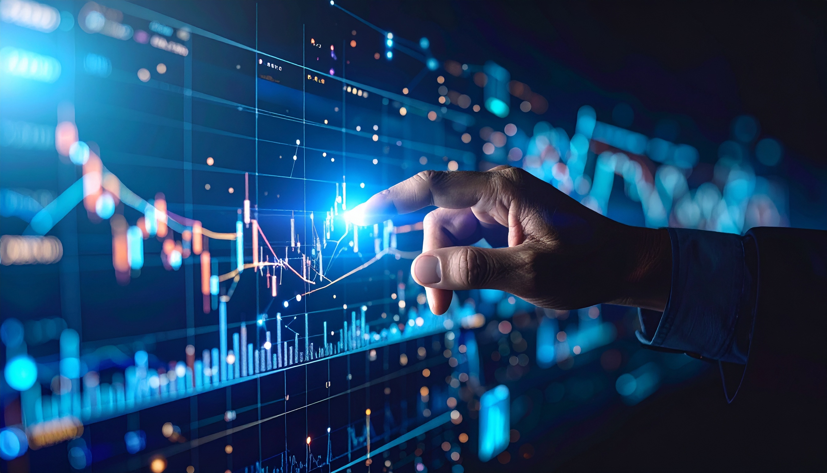 A 3D hand points to a glowing investment diagram