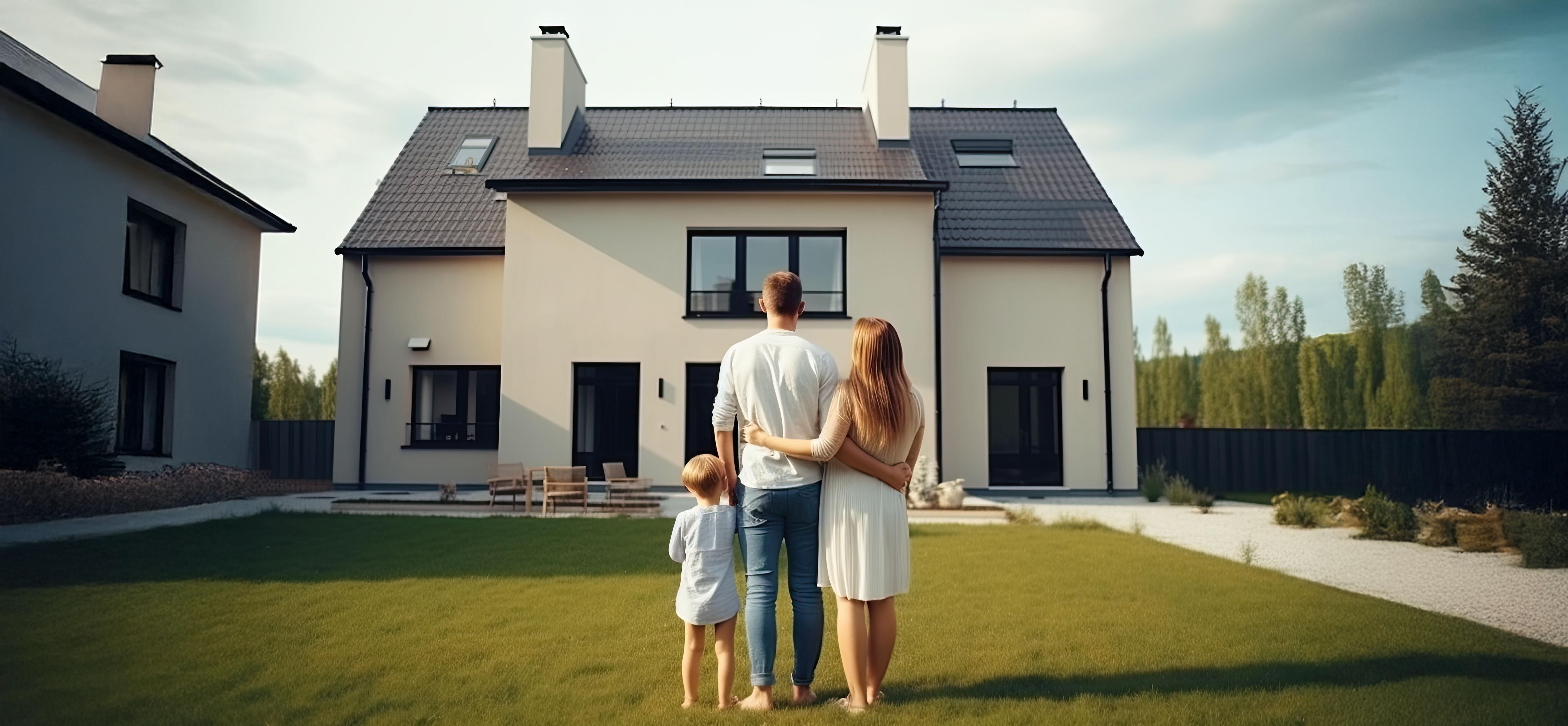 A  family in front of  a new house