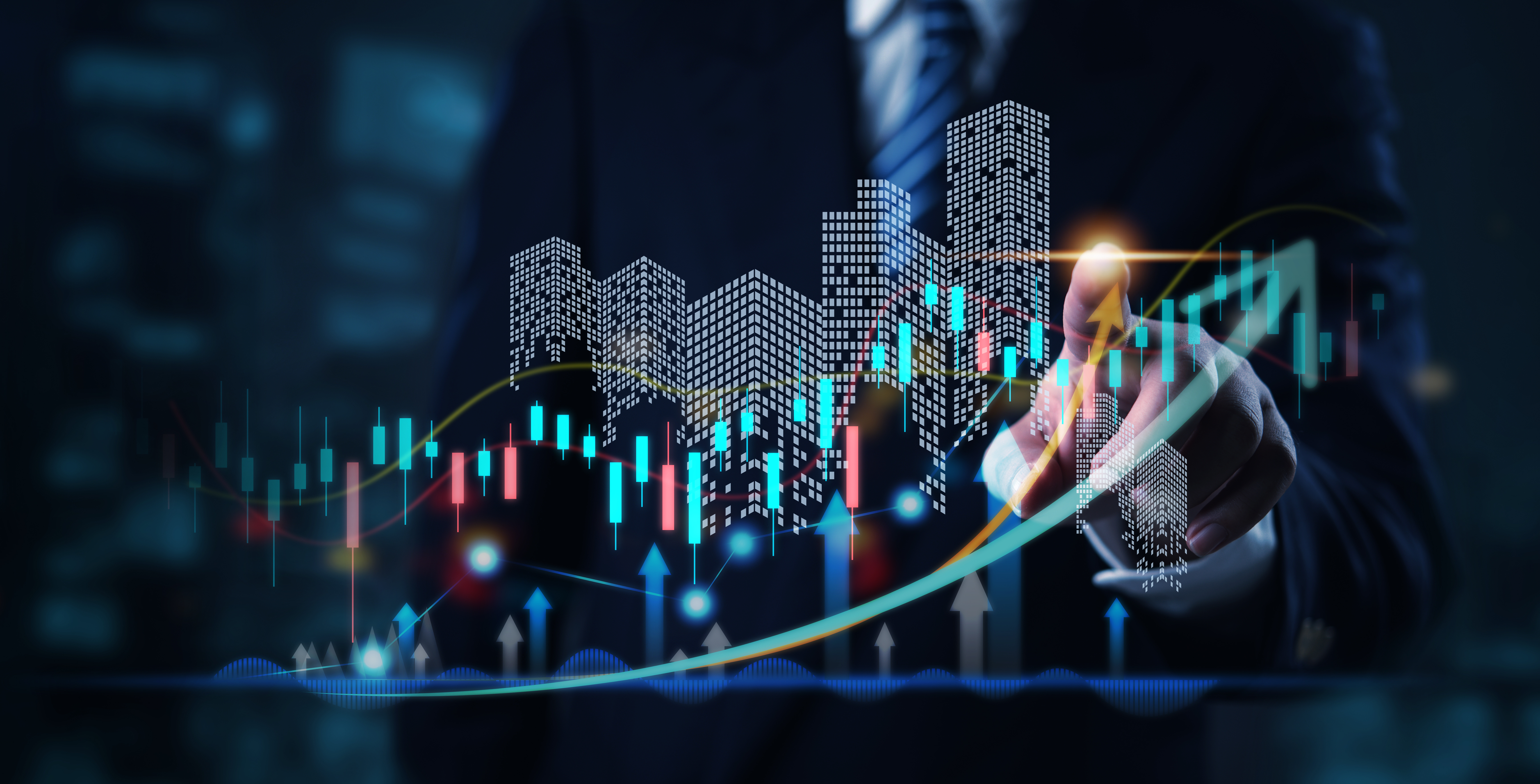 Businessman analyzing real estate investment data with futuristic city skyline and candlestick chart