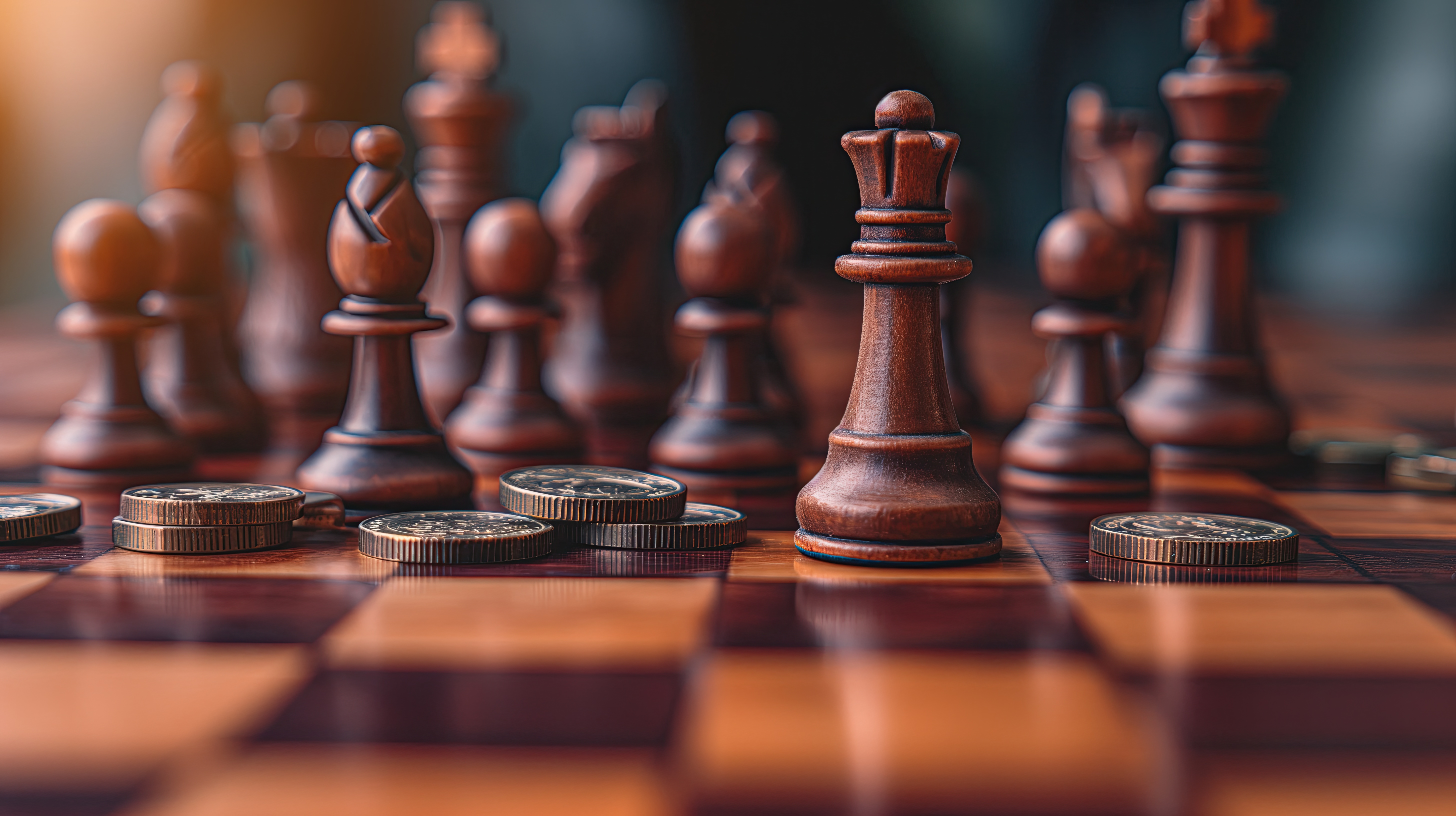 A chessboard with debt-related symbols (coins, wallets) as chess pieces, illustrating the strategic