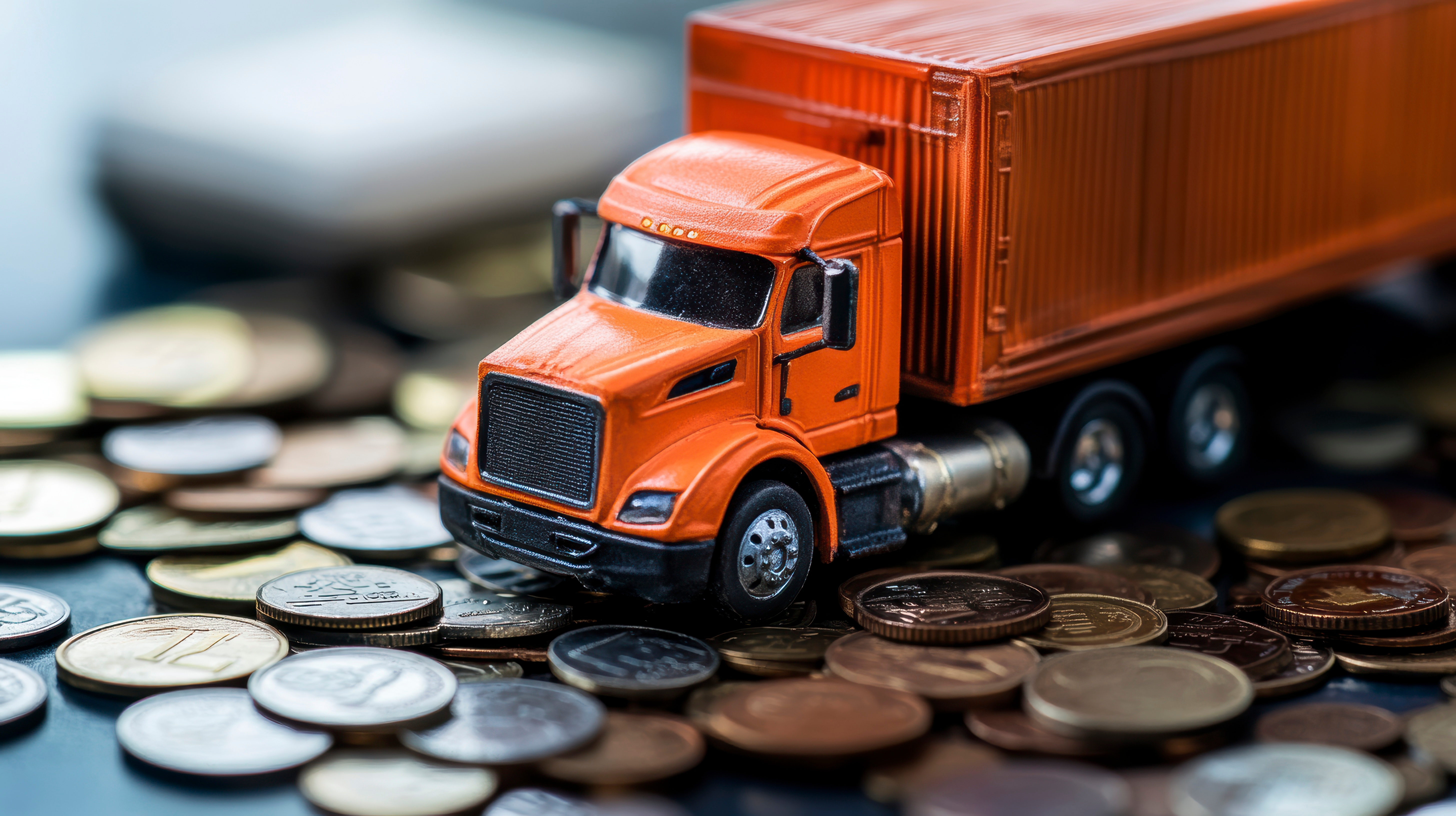 Orange toy truck model sits on a pile of coins