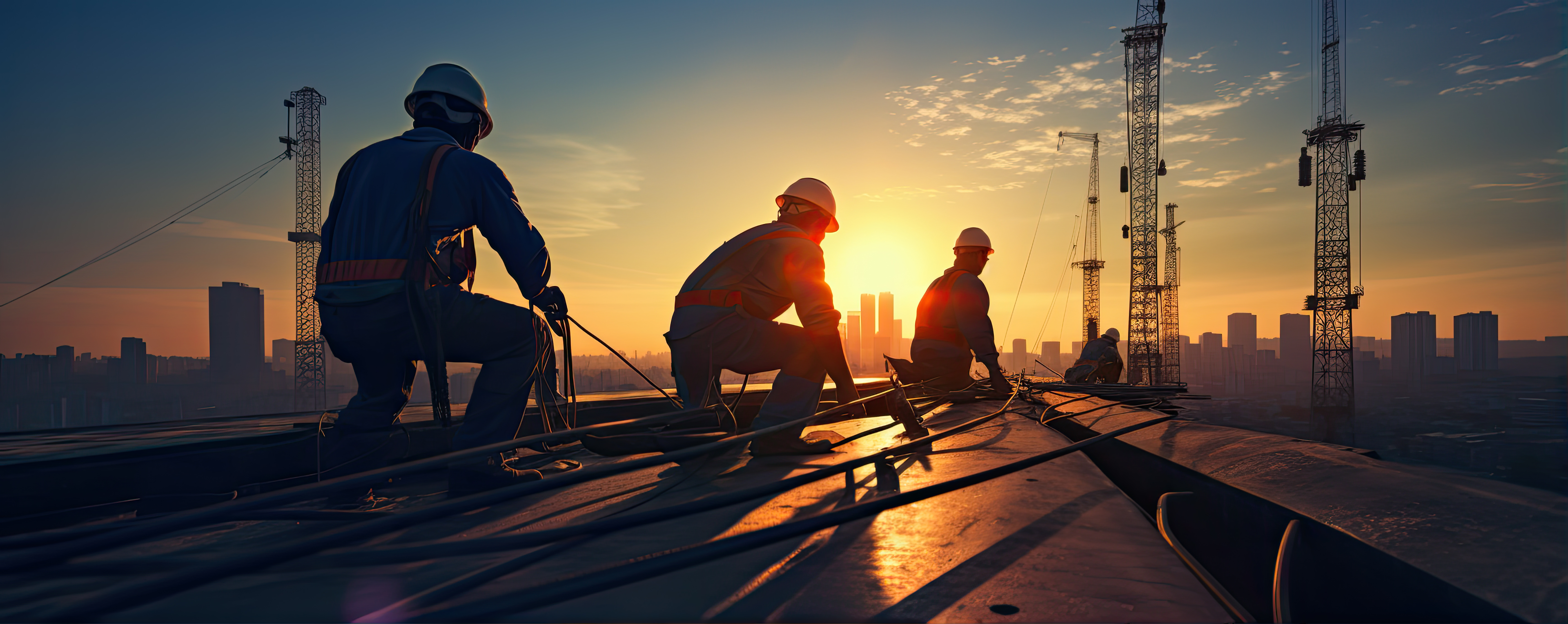 silhouette workers on construction site in evening sunny background.