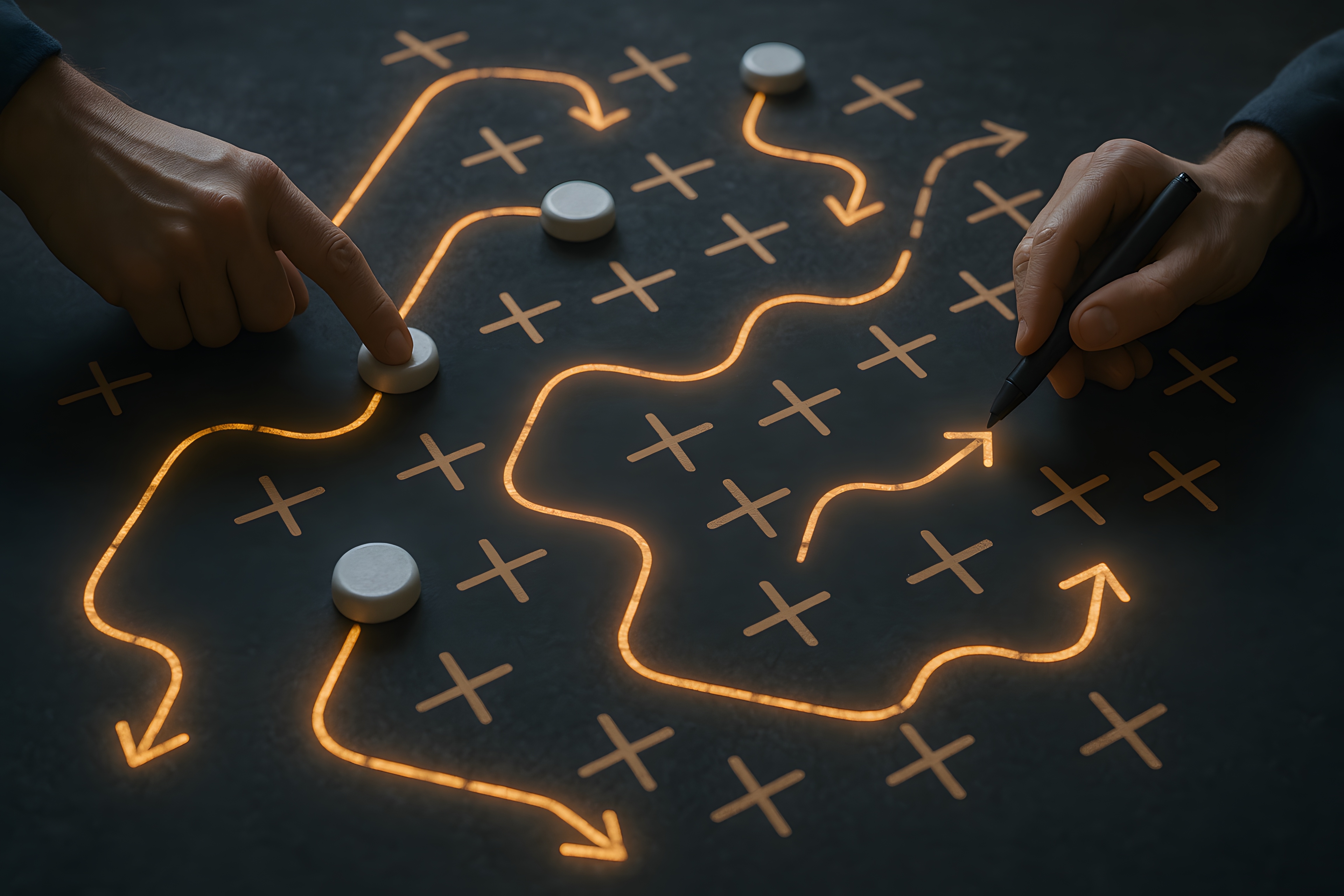 Close-up of a person's hands plotting a strategic plan, visualizing a decision-making process with arrows, markers, and other visual aids