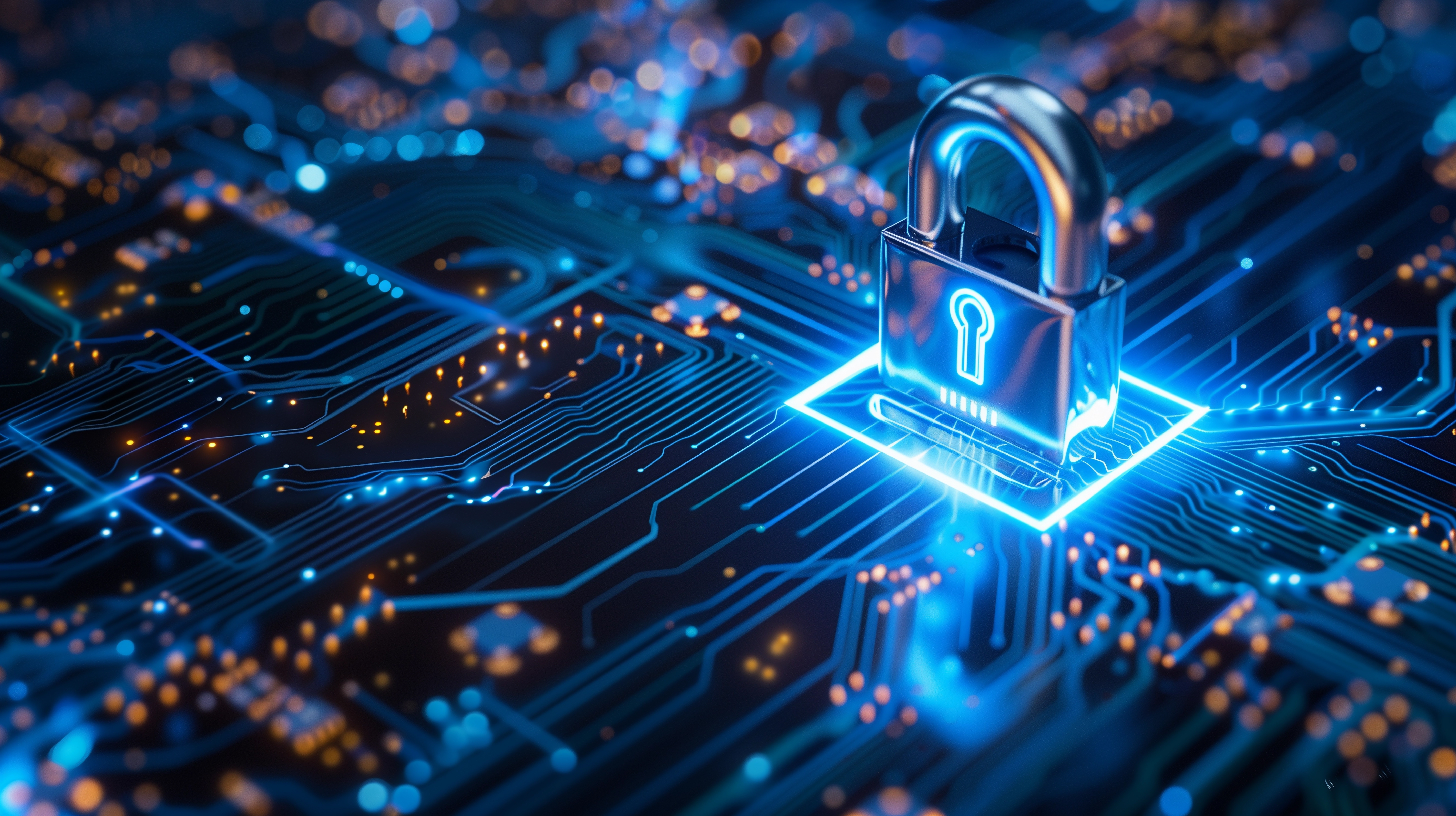 Horizontal lock with blue light on an electronic circuit. Cyber security data protection business privacy concept. Generative AI.