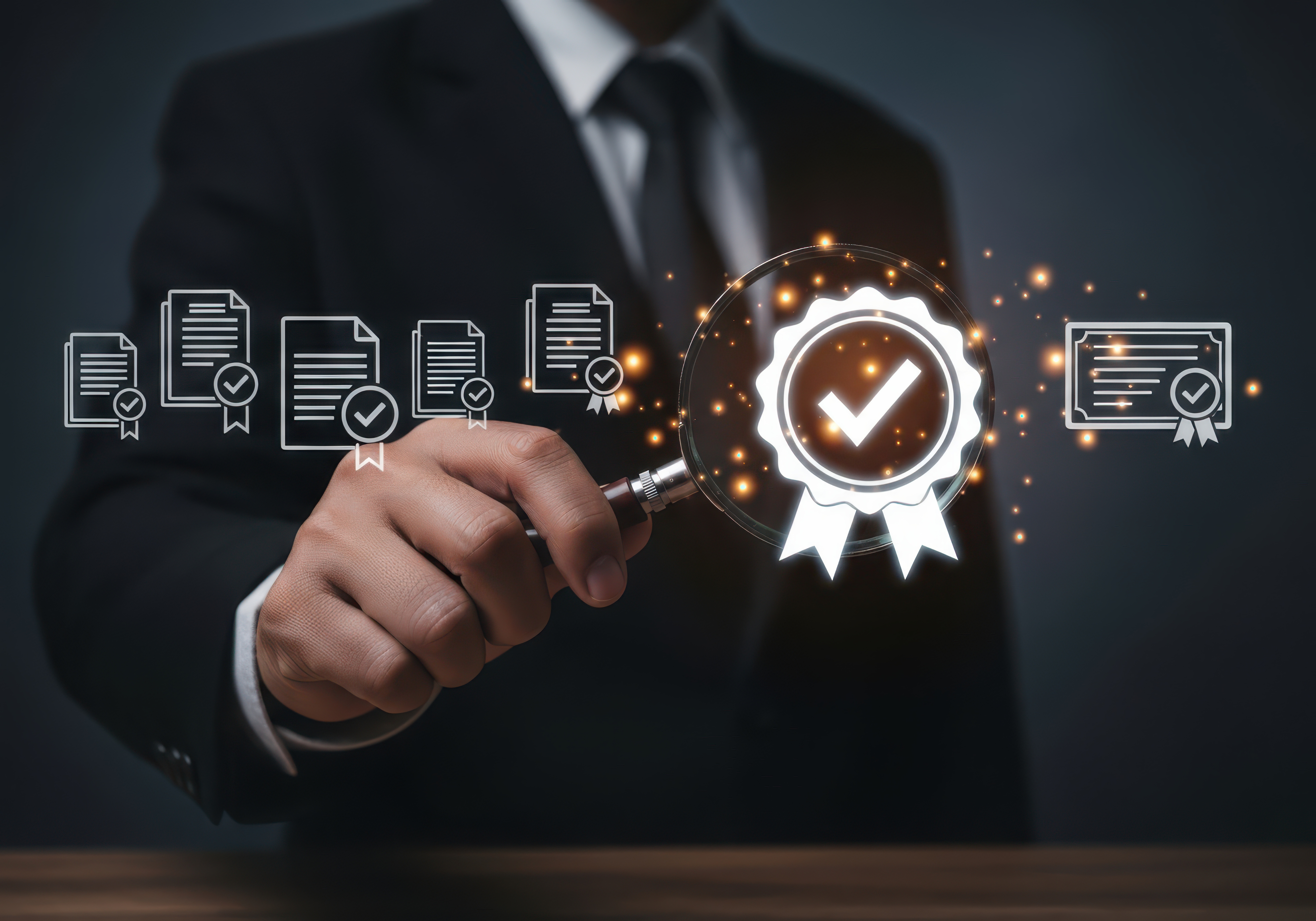 Businessman examining a magnifying glass over a certificate of quality assurance with a checkmark, symbolizing compliance and excellence in business