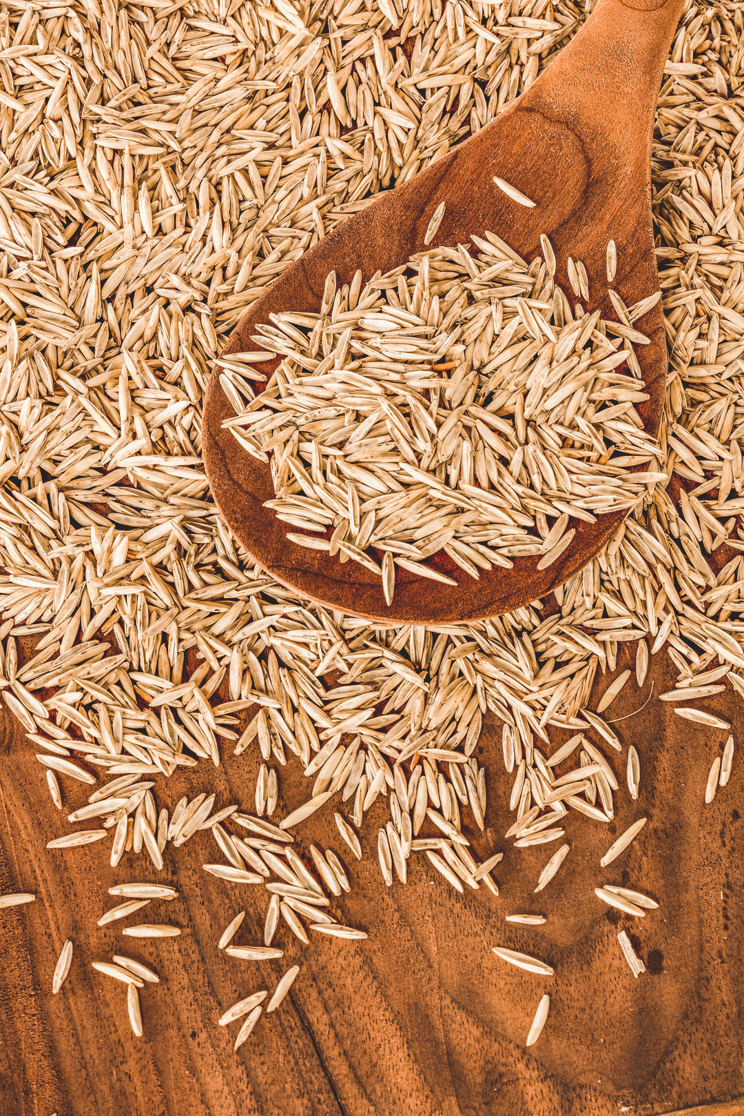 Kernza Grains with a wooden spoon