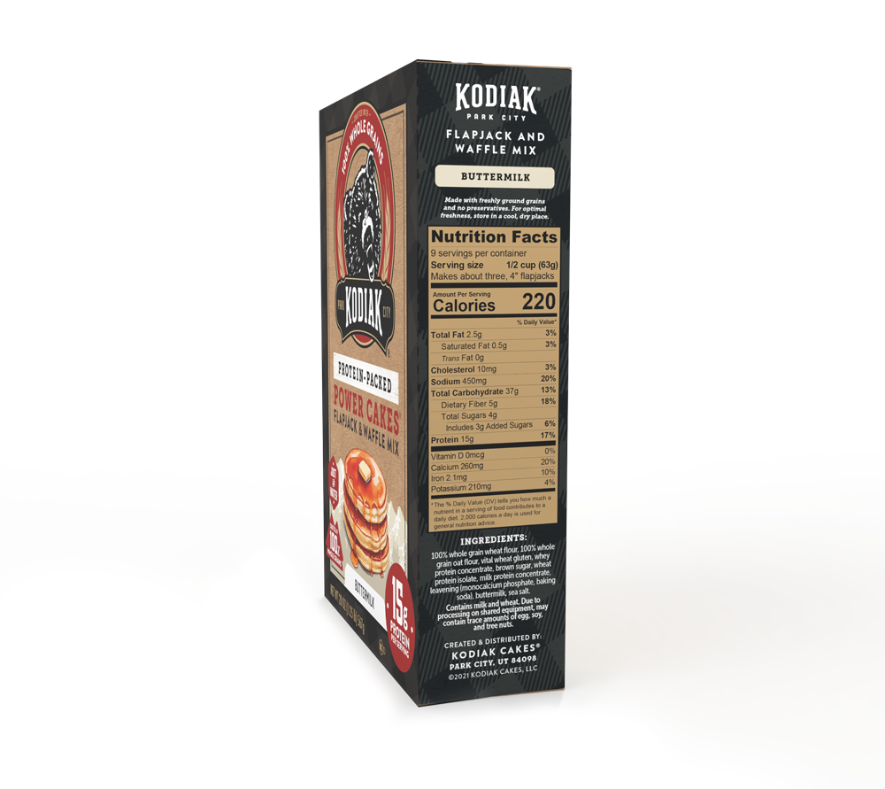 A package of Kodiak Cakes Flapjack and Waffle Mix positioned to the side, to show the Nutrition Facts and Ingredients on the side-panel