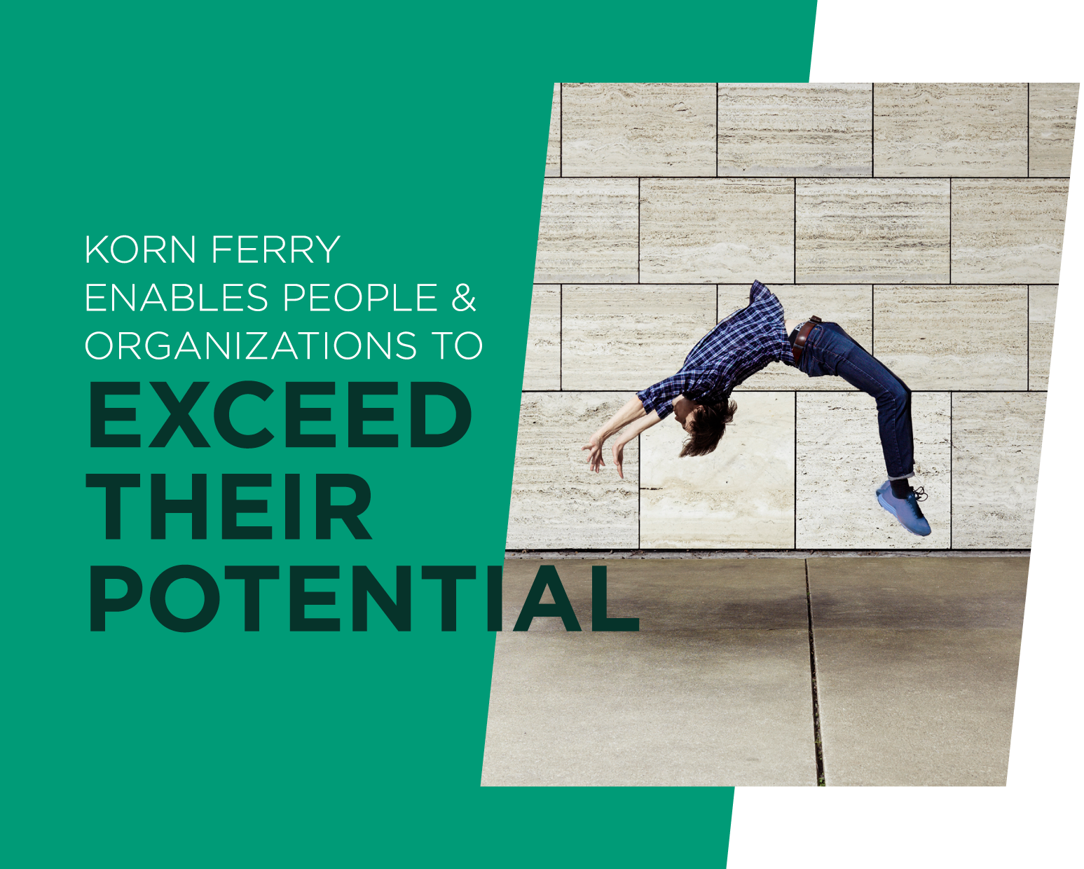 Image of a person doing a back-flip with graphic text: Korn Ferry enables people and organizations to exceed their potential