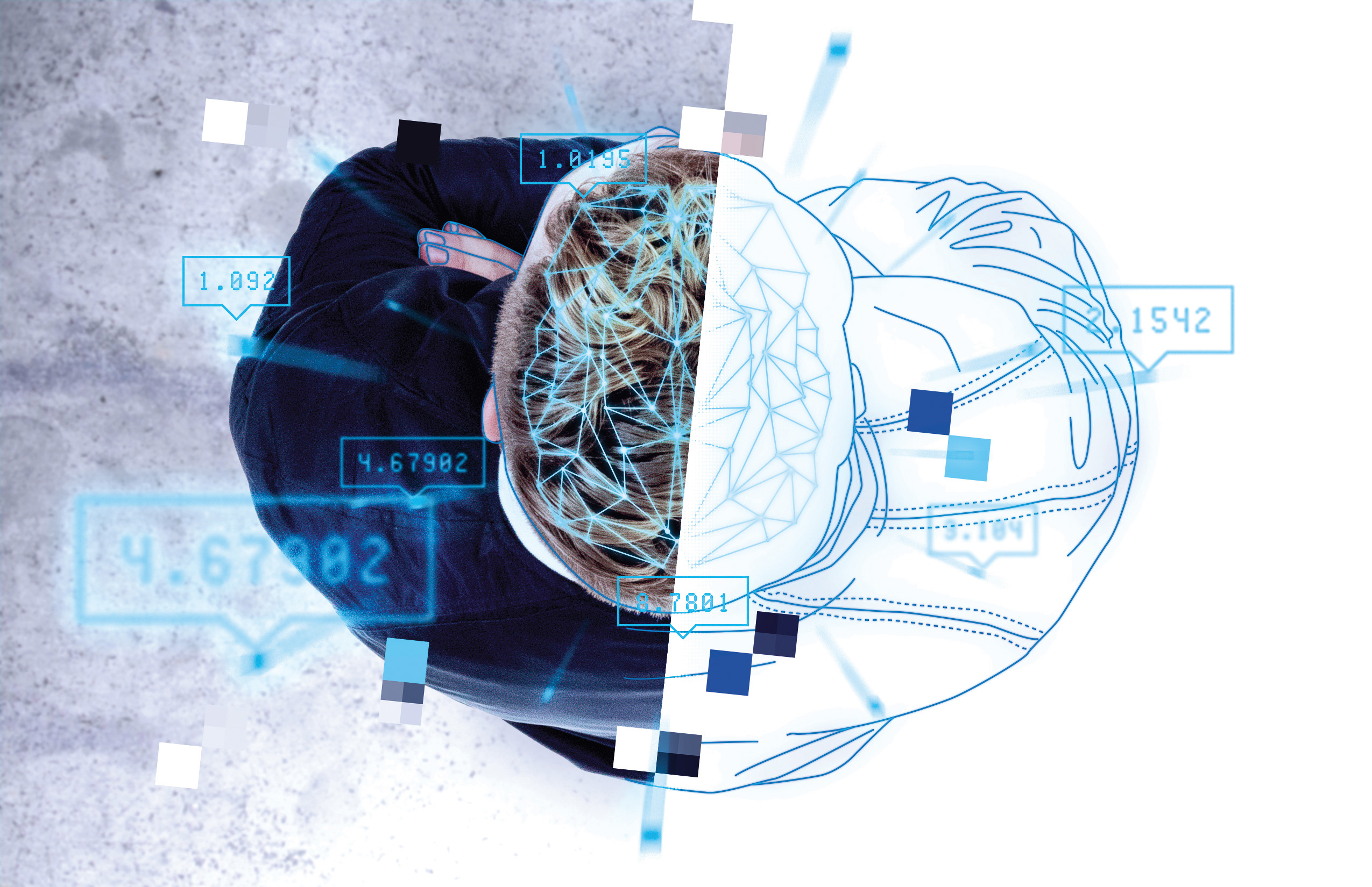 Image of human merging with technology elements