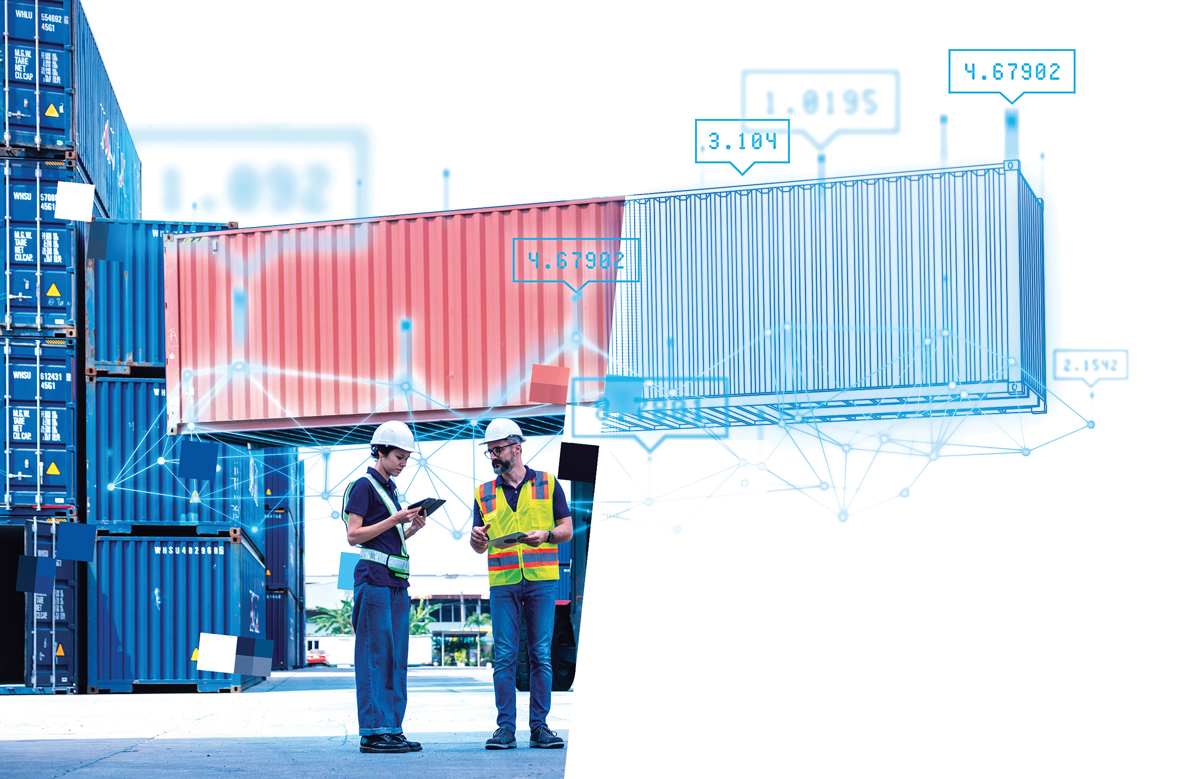 Image of two shipping workers in a shipping yard, merging with technology elements