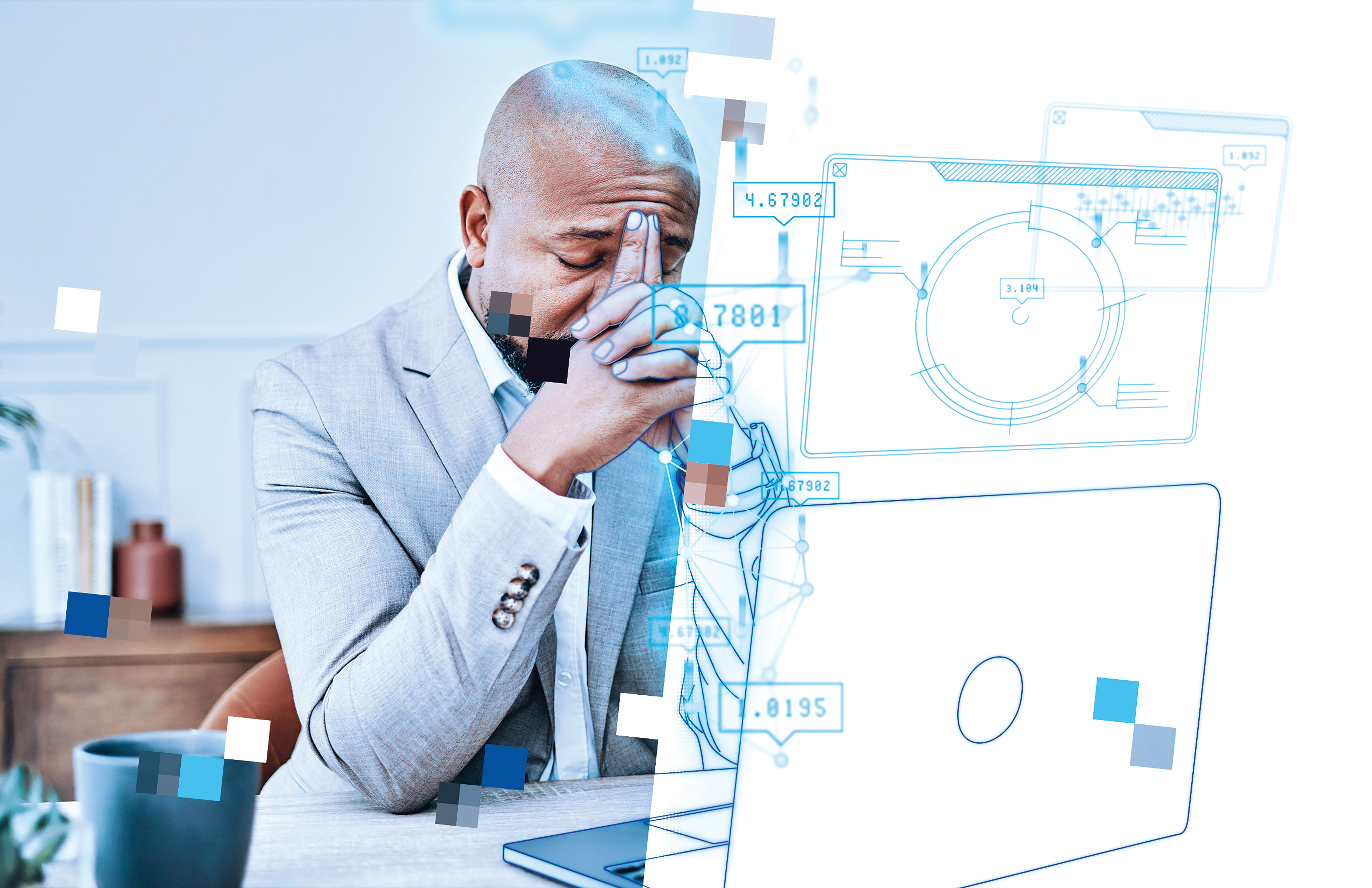 Image of a stressed person at a computer merging with technology