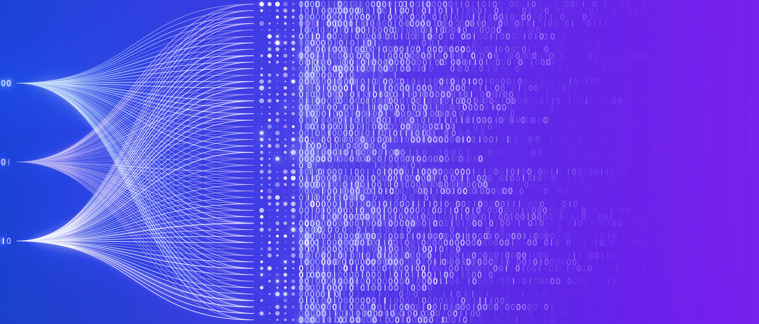 Graphic with lines consolidating to dots, then zeros and ones.