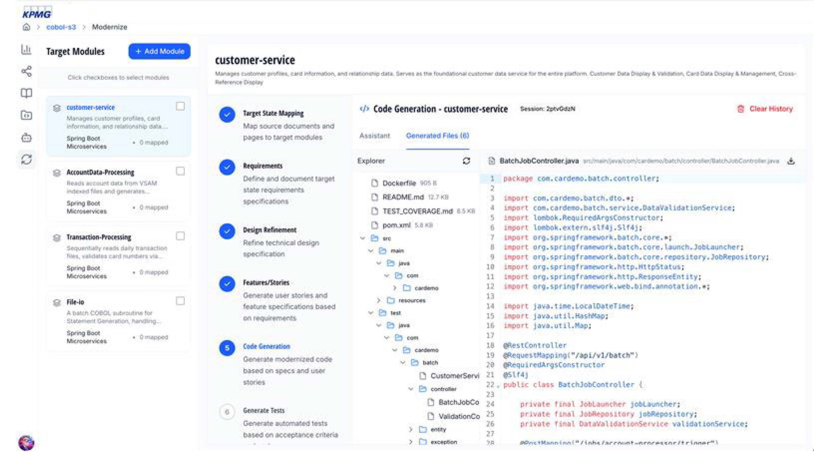 The Modernize workspace in KPMG Blaze provides a guided, step-by-step workflow where AI-powered tools help map and transform legacy code components into new, modern target architectures.