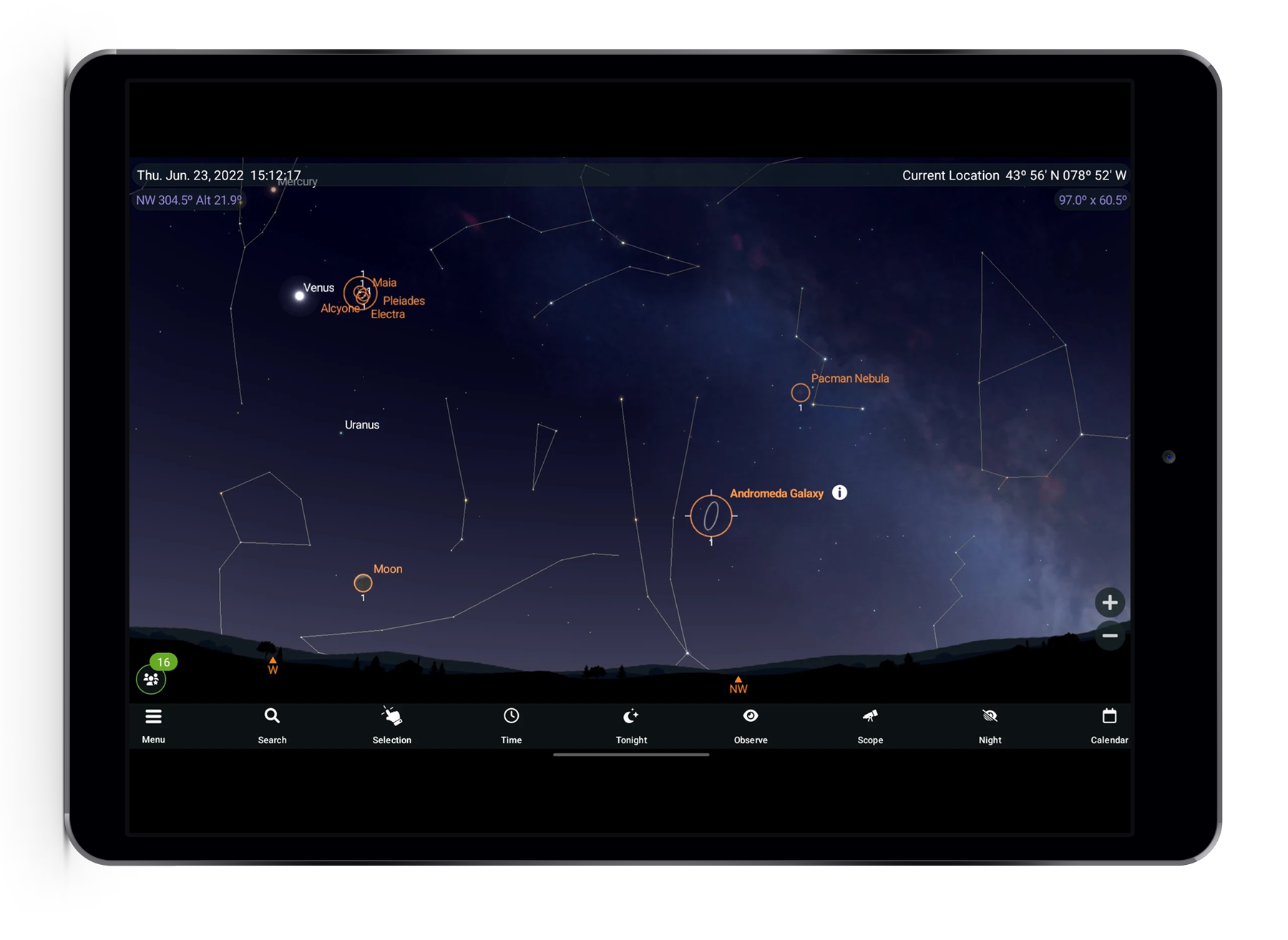 iPad with a stargazing app on screen