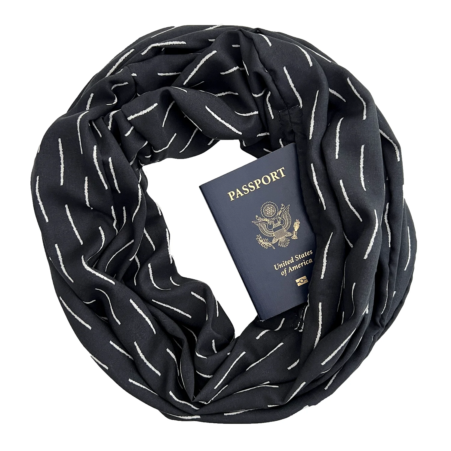 Black infinity scarf with a passport tucked halfway into a hidden pocket