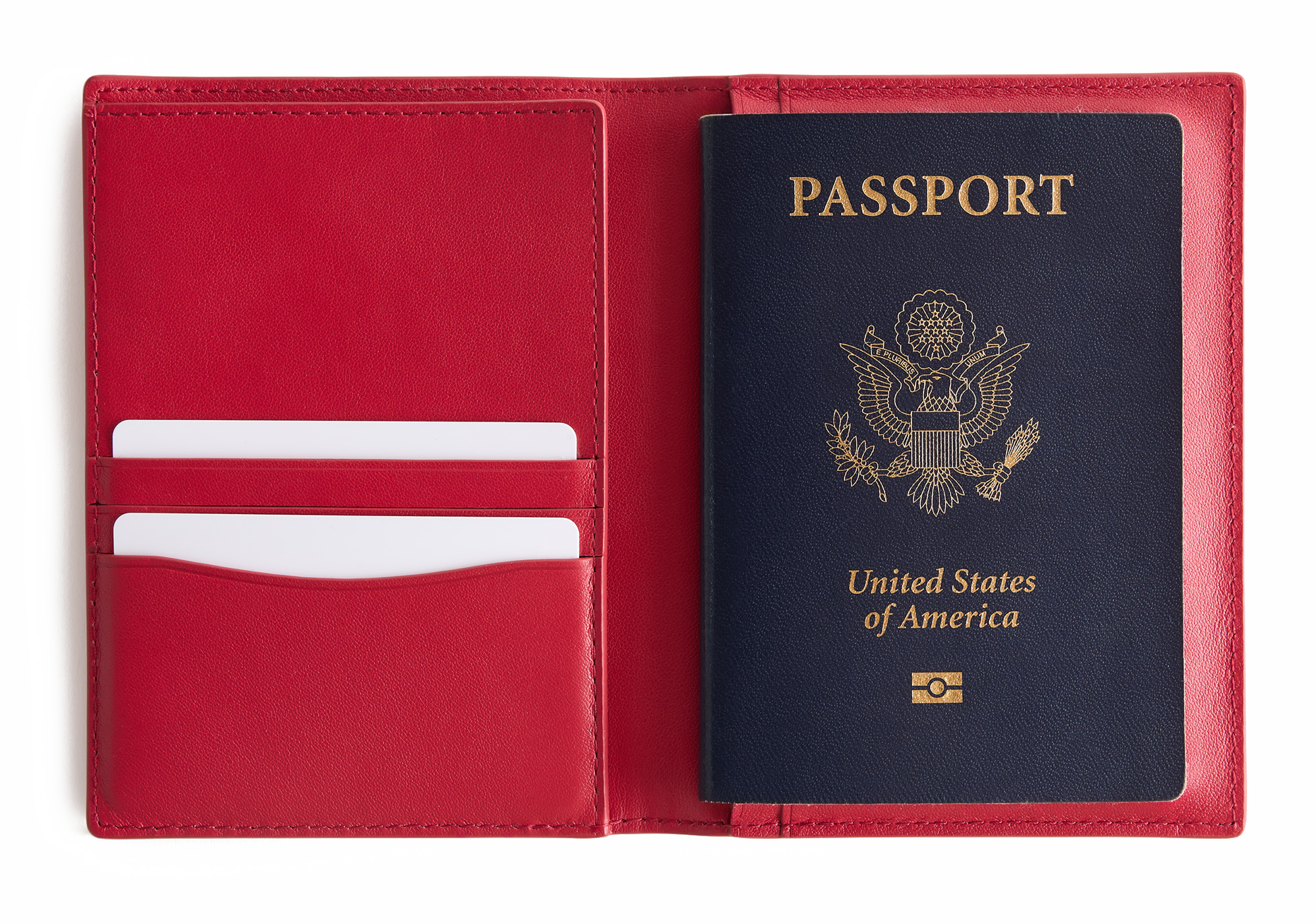 Red leather booklet with a United States passport tucked inside