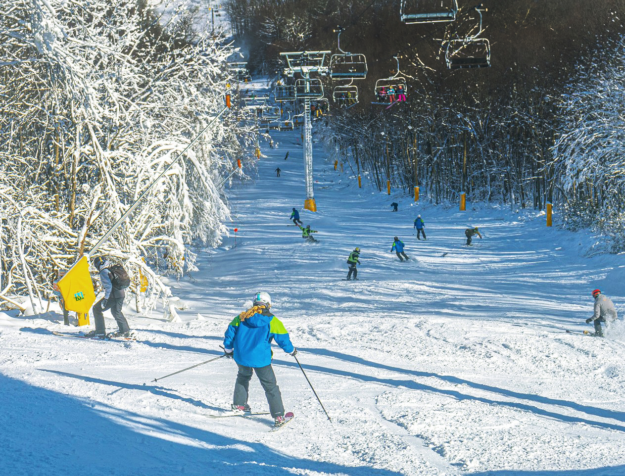 People skiing and snowboarding below a ski lift 