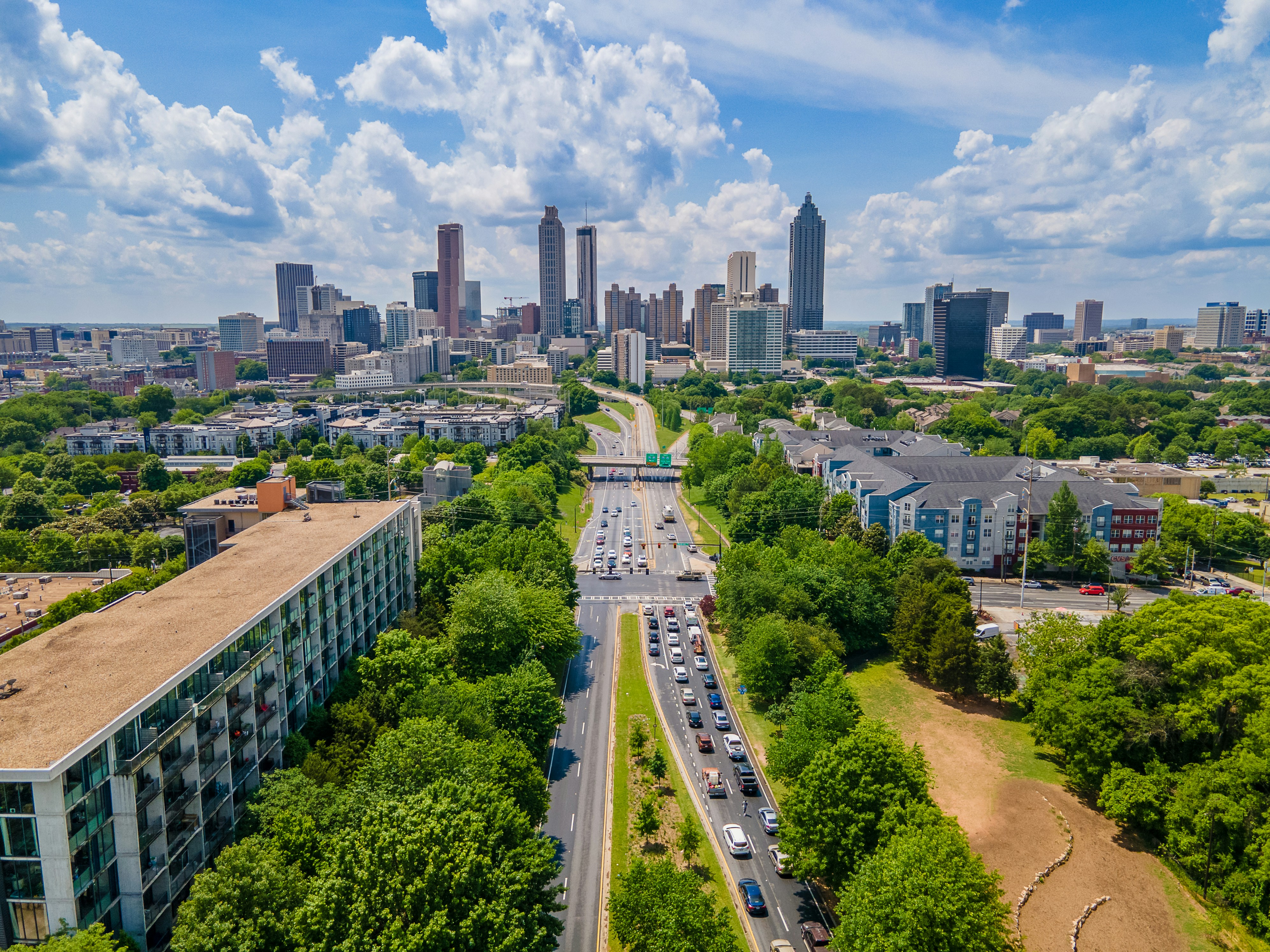 Aerial view of a long highway leading to downtown Atlanta