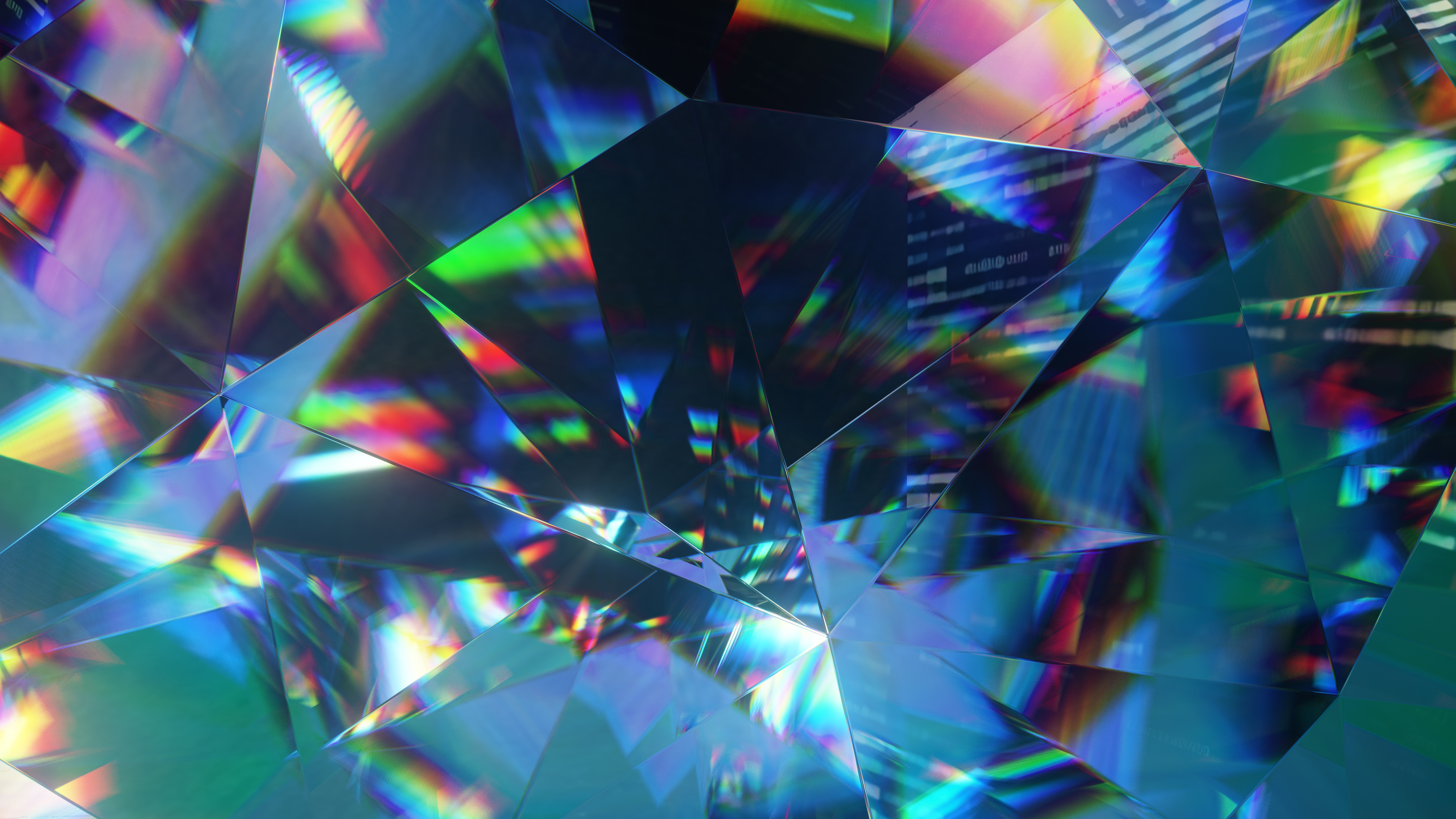 Diamond abstract diffraction dispersion background with various blue hues and pops of green, red, yellow, and pink colors.
