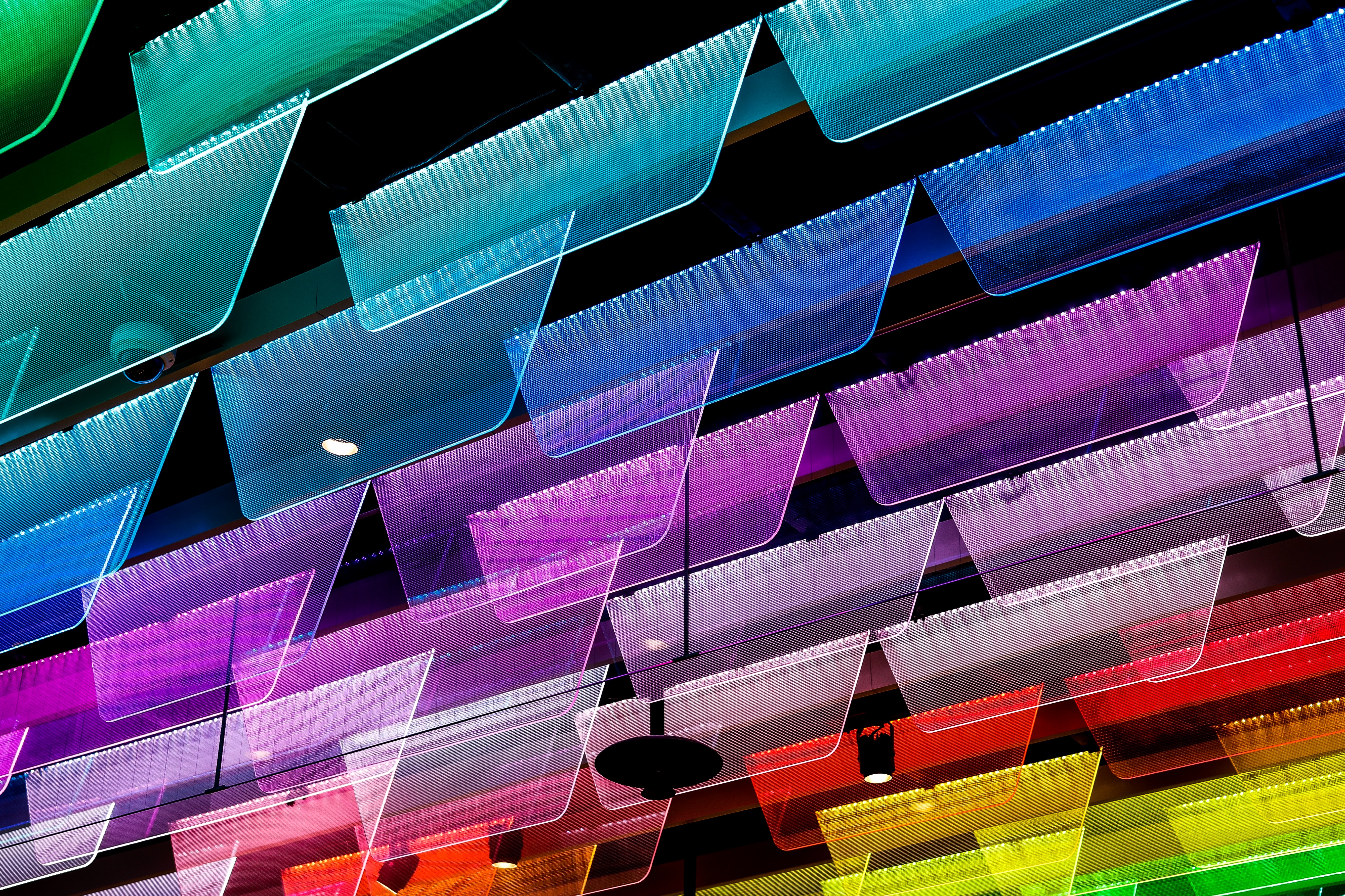 Teal, blue, purple, pink, red, yellow, abstract design.
