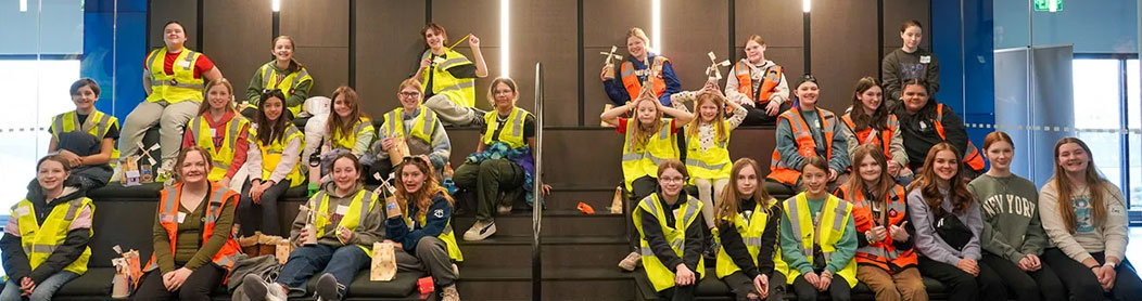 Glen Lake Elementary students with Mortenson hard hats
